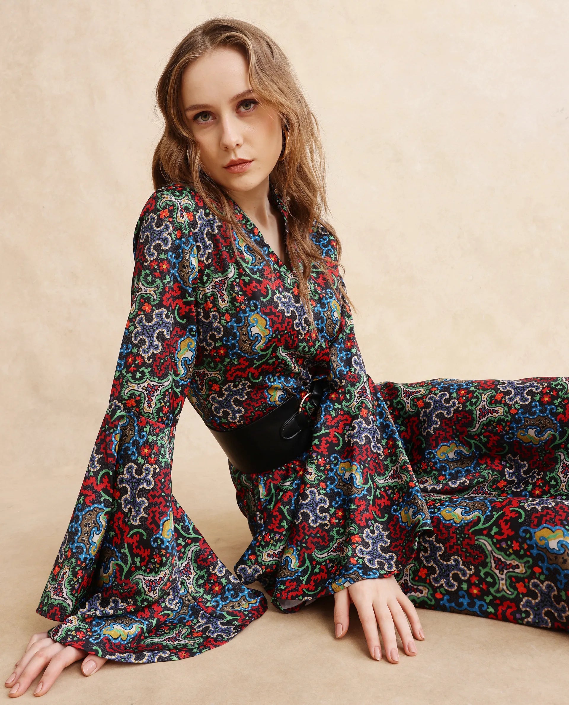 Rareism Women's Bedx Dark Multi V-Neck Zipper Closure Bell Sleeve Abstract Fit And Flare Maxi Dress