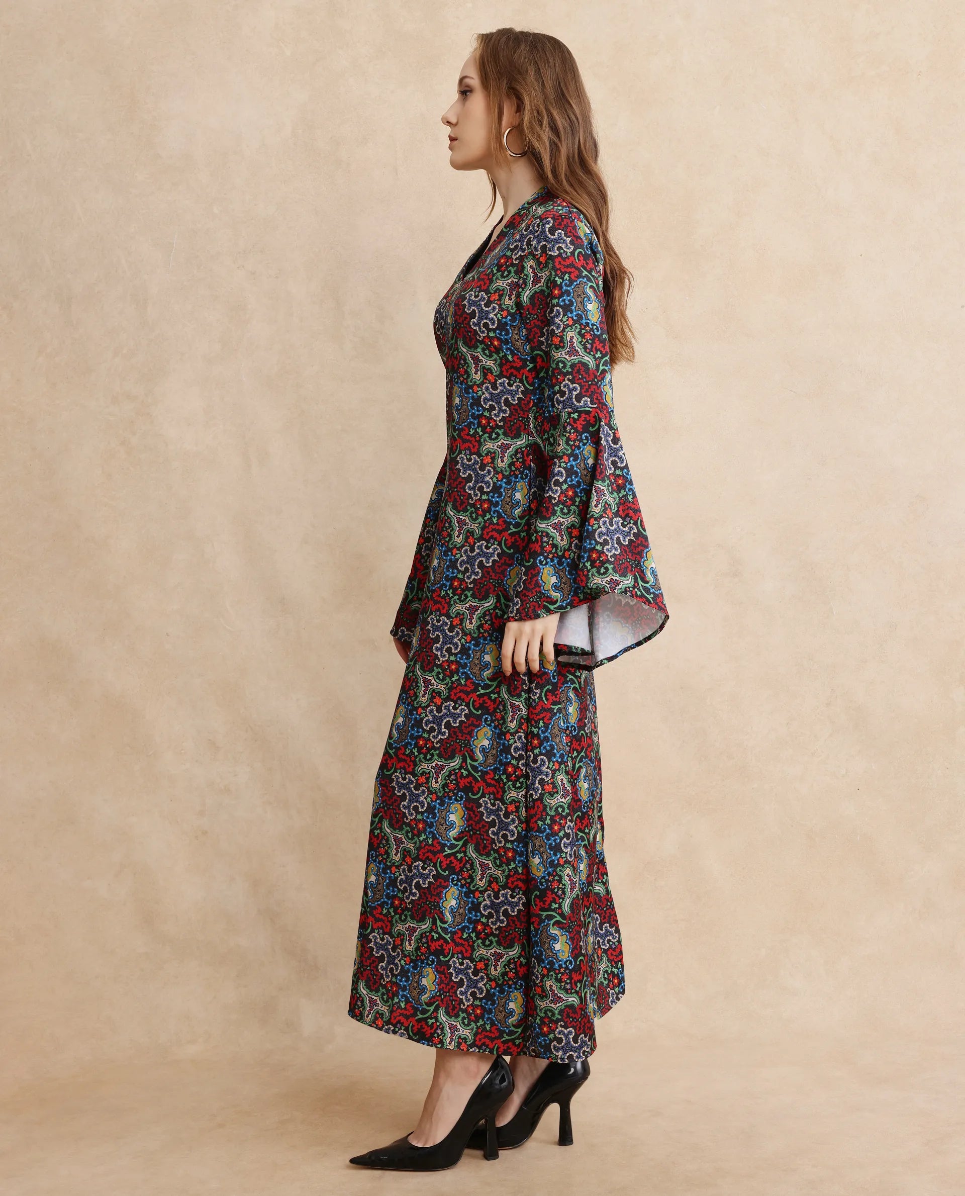 Rareism Women's Bedx Dark Multi V-Neck Zipper Closure Bell Sleeve Abstract Fit And Flare Maxi Dress