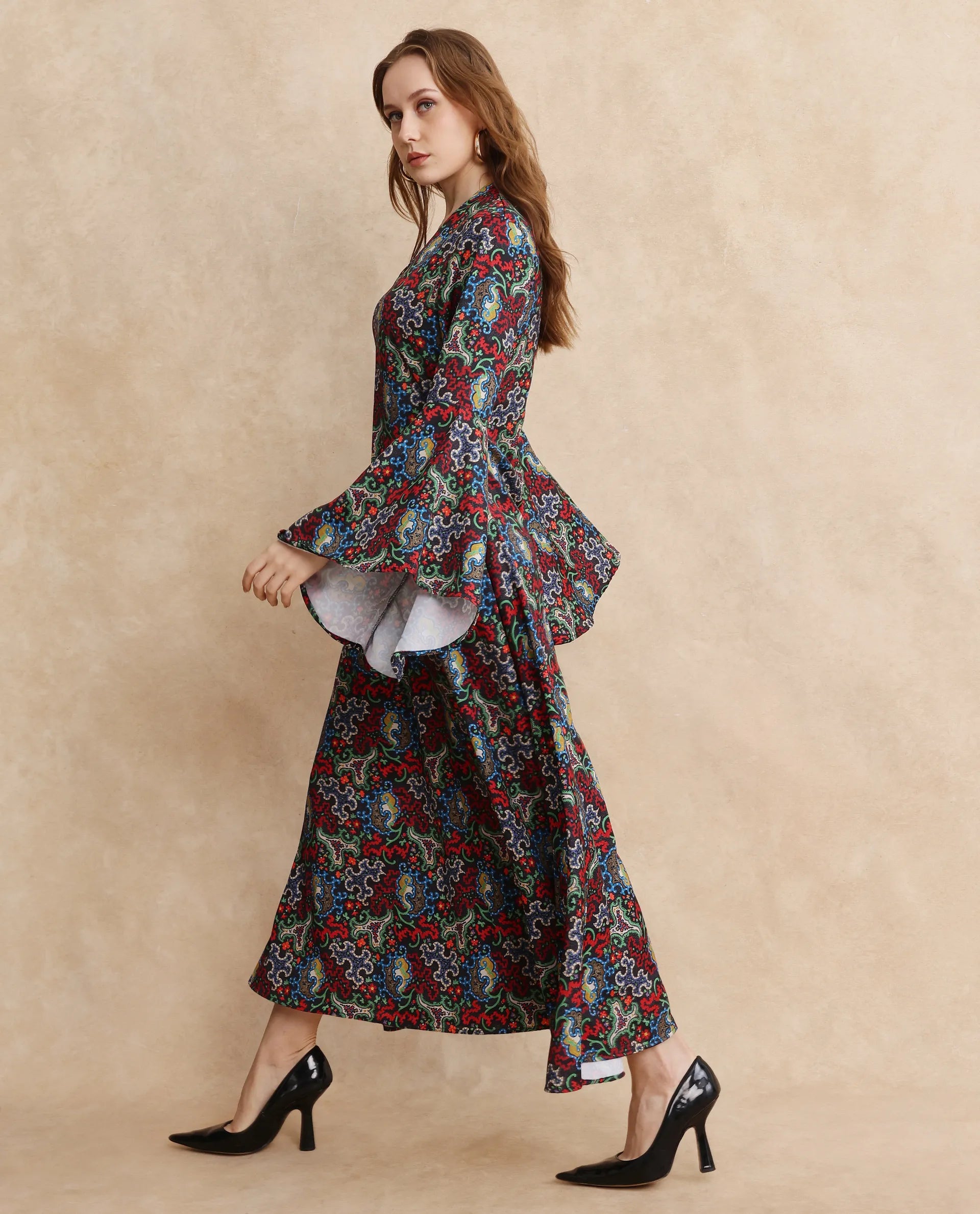 Rareism Women's Bedx Dark Multi V-Neck Zipper Closure Bell Sleeve Abstract Fit And Flare Maxi Dress