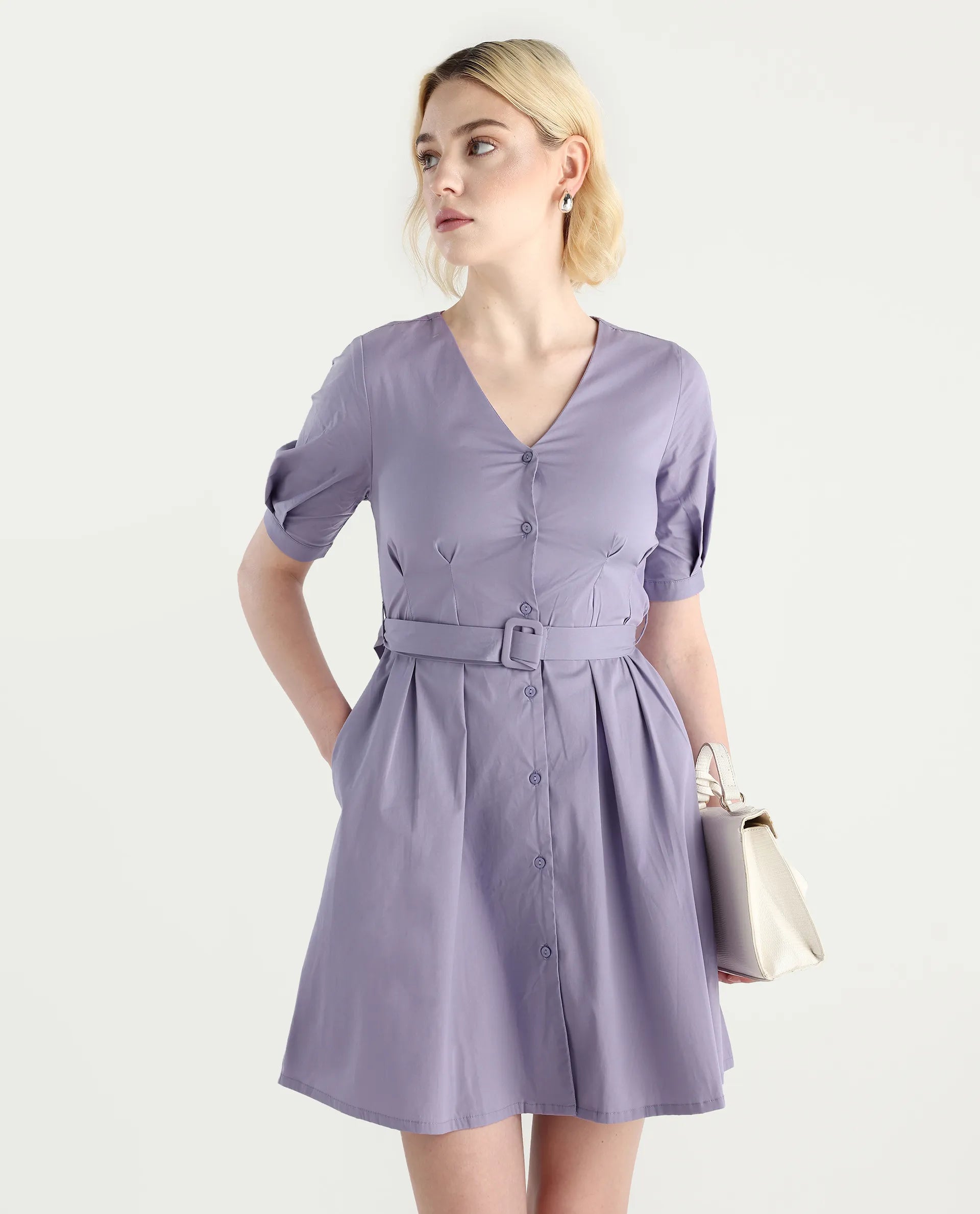 Rareism Women's Beew Dusky Purple Cotton Blend V-Neck Plain Bishop Sleeve Mini Fit And Flare Dress