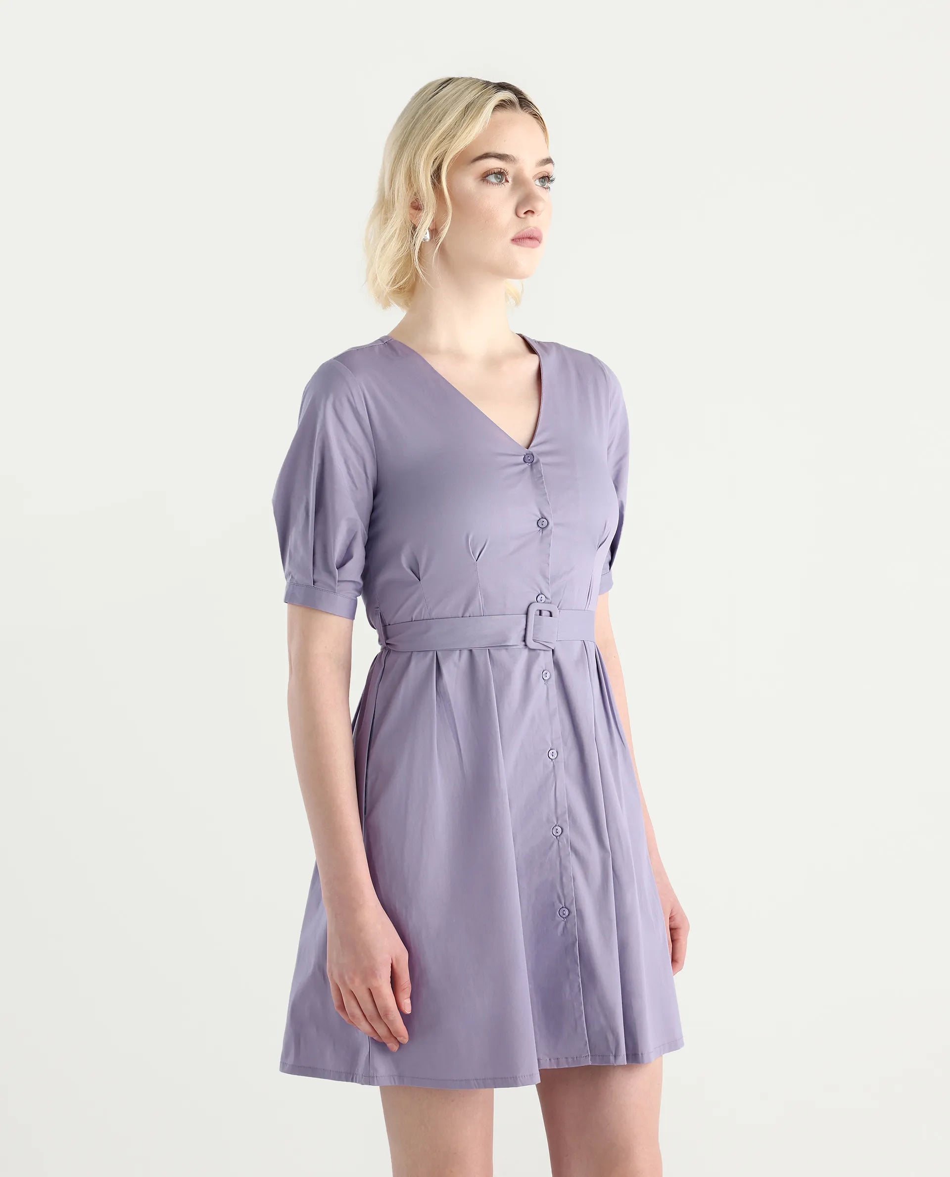 Rareism Women's Beew Dusky Purple Cotton Blend V-Neck Plain Bishop Sleeve Mini Fit And Flare Dress