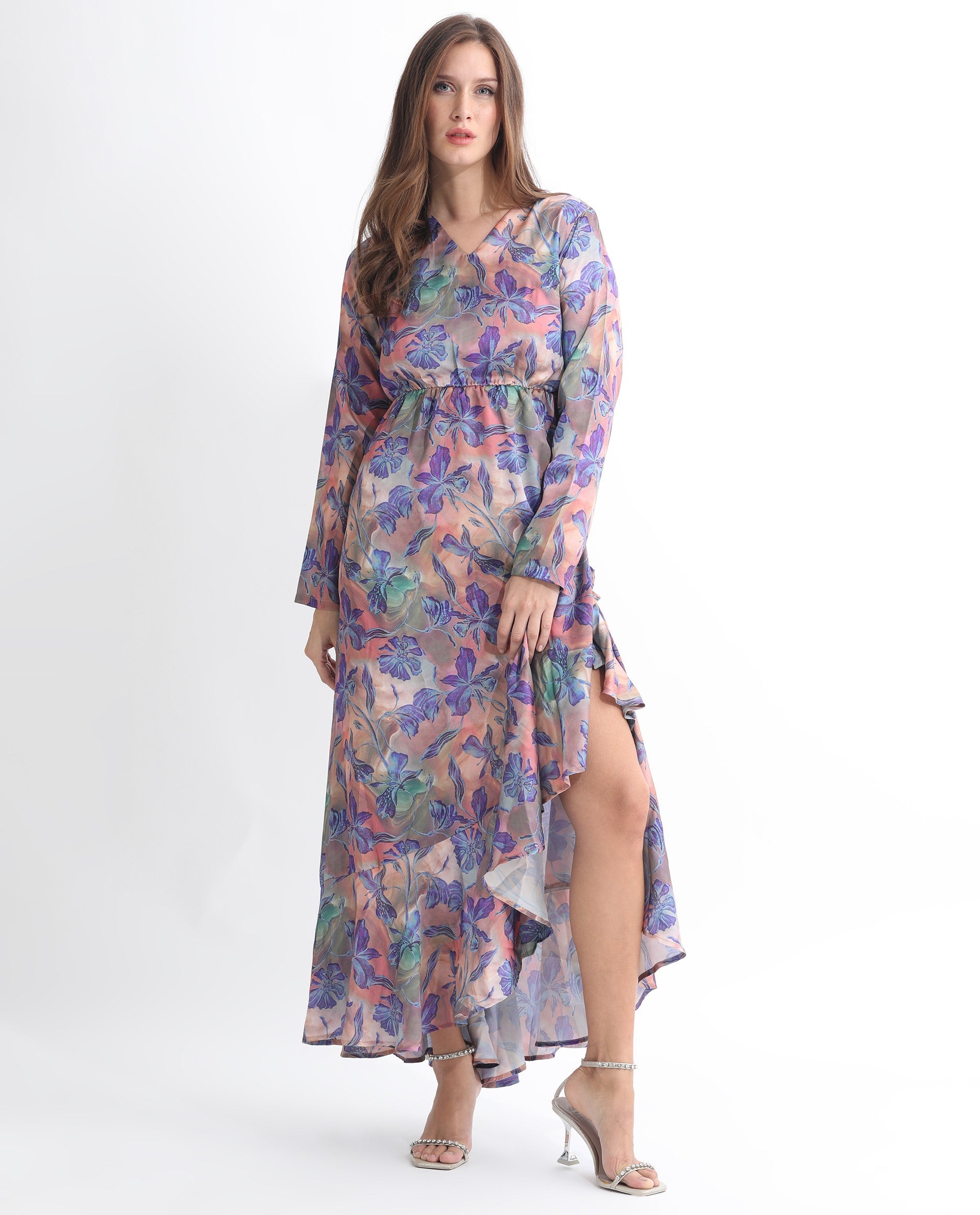 Rareism Women Belen Pastel Blue Polyester Fabric Full Sleeves Zip Closure V-Neck Flared Fit Floral Print Maxi Empire Dress