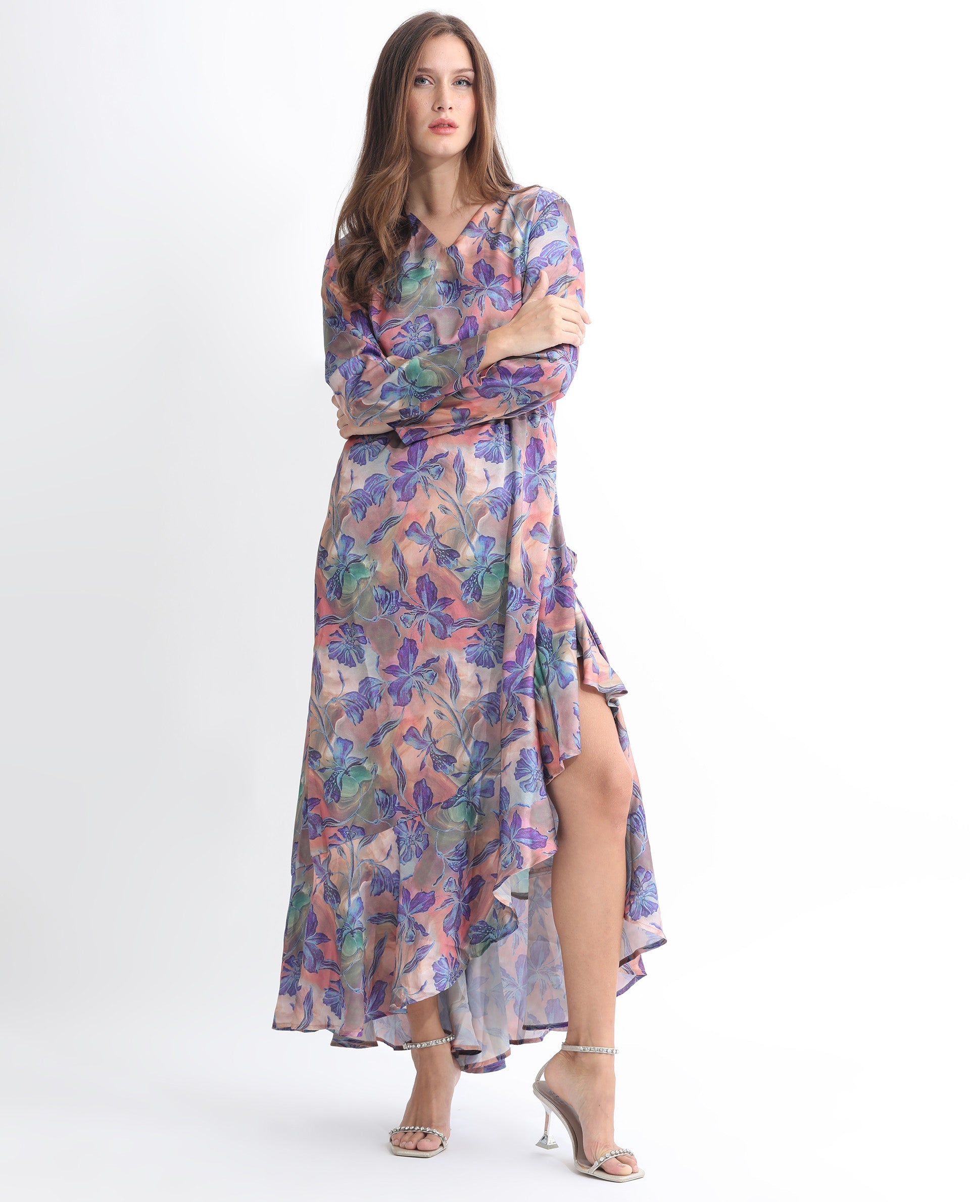 Rareism Women Belen Pastel Blue Polyester Fabric Full Sleeves Zip Closure V-Neck Flared Fit Floral Print Maxi Empire Dress