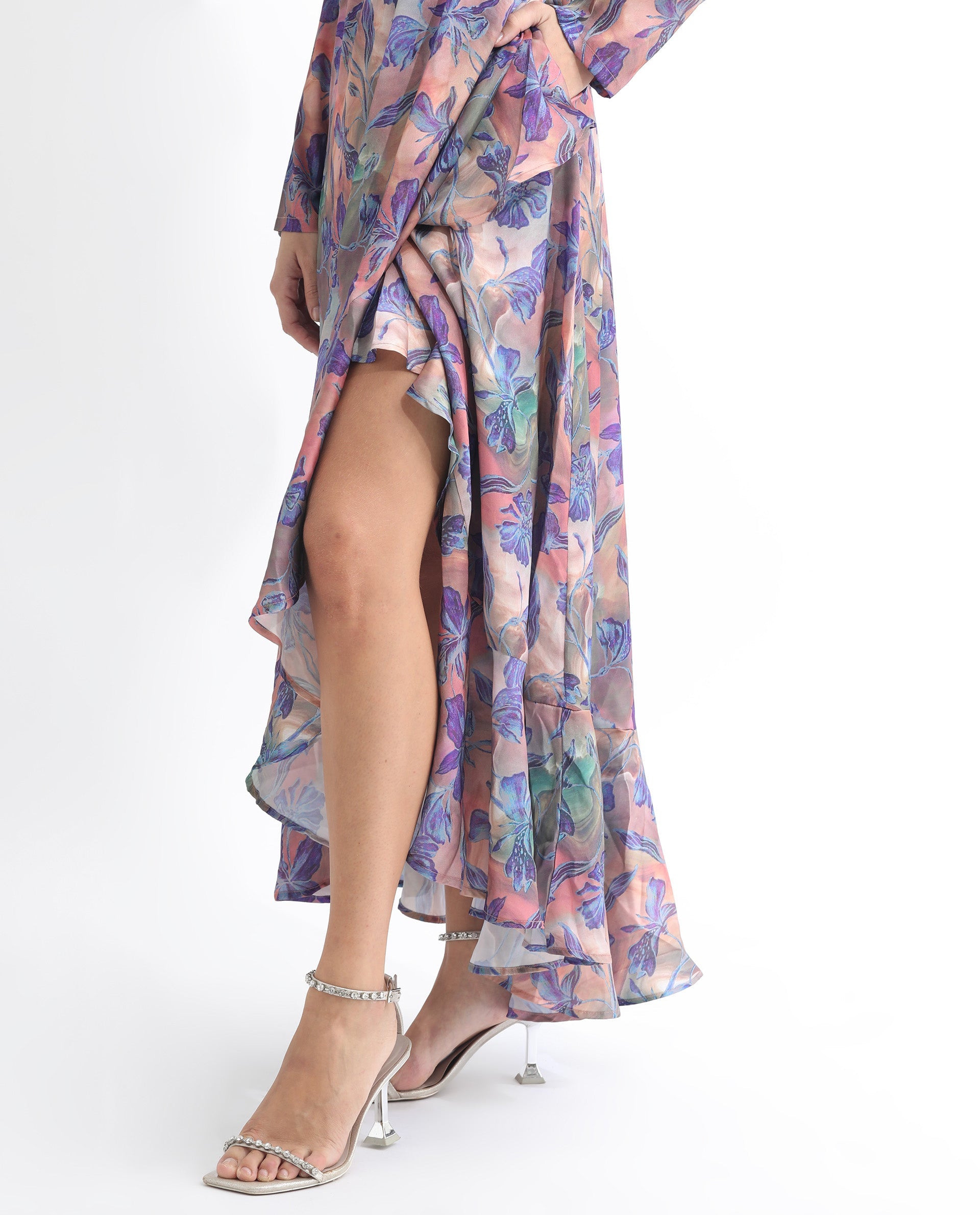 Rareism Women Belen Pastel Blue Polyester Fabric Full Sleeves Zip Closure V-Neck Flared Fit Floral Print Maxi Empire Dress