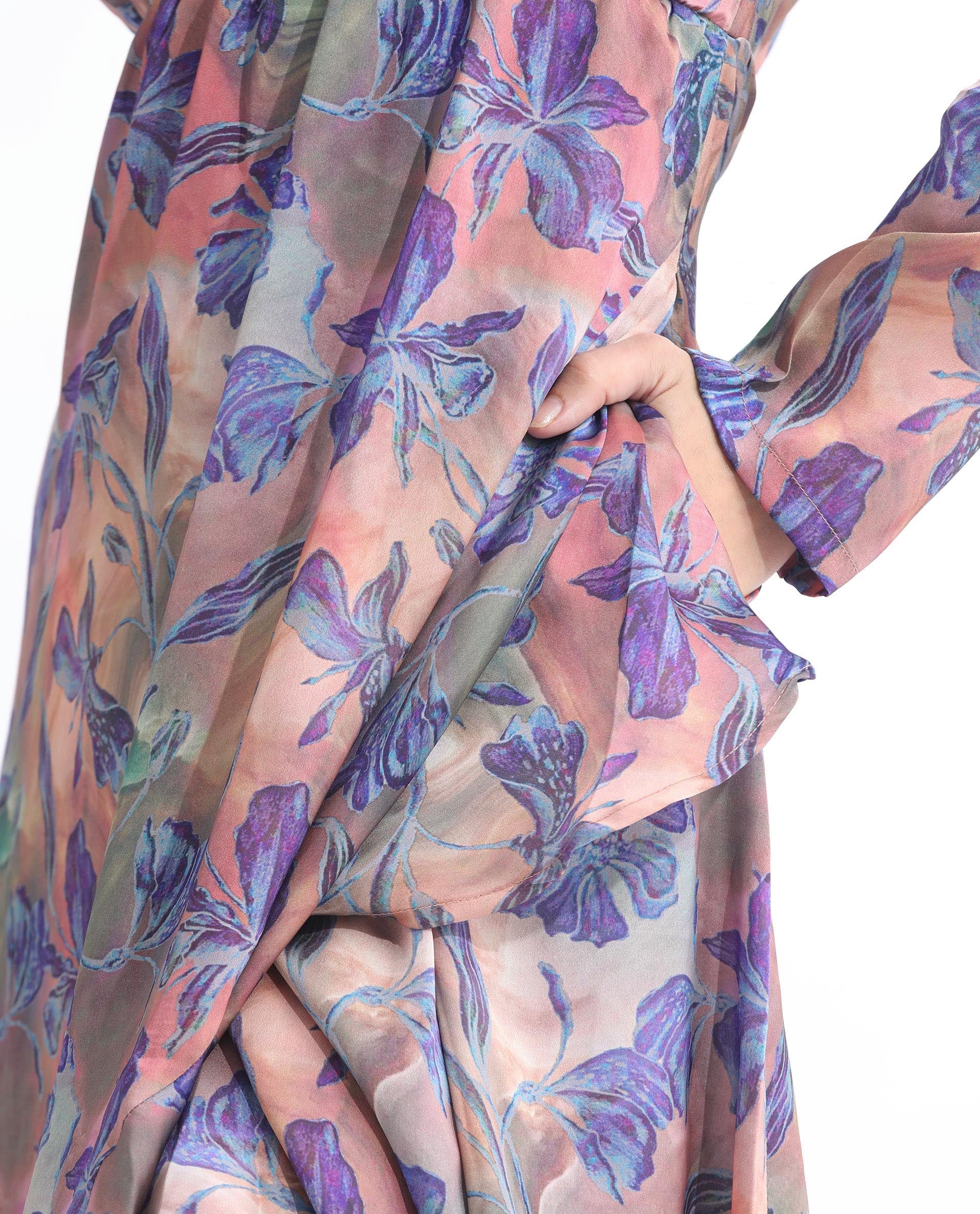 Rareism Women Belen Pastel Blue Polyester Fabric Full Sleeves Zip Closure V-Neck Flared Fit Floral Print Maxi Empire Dress