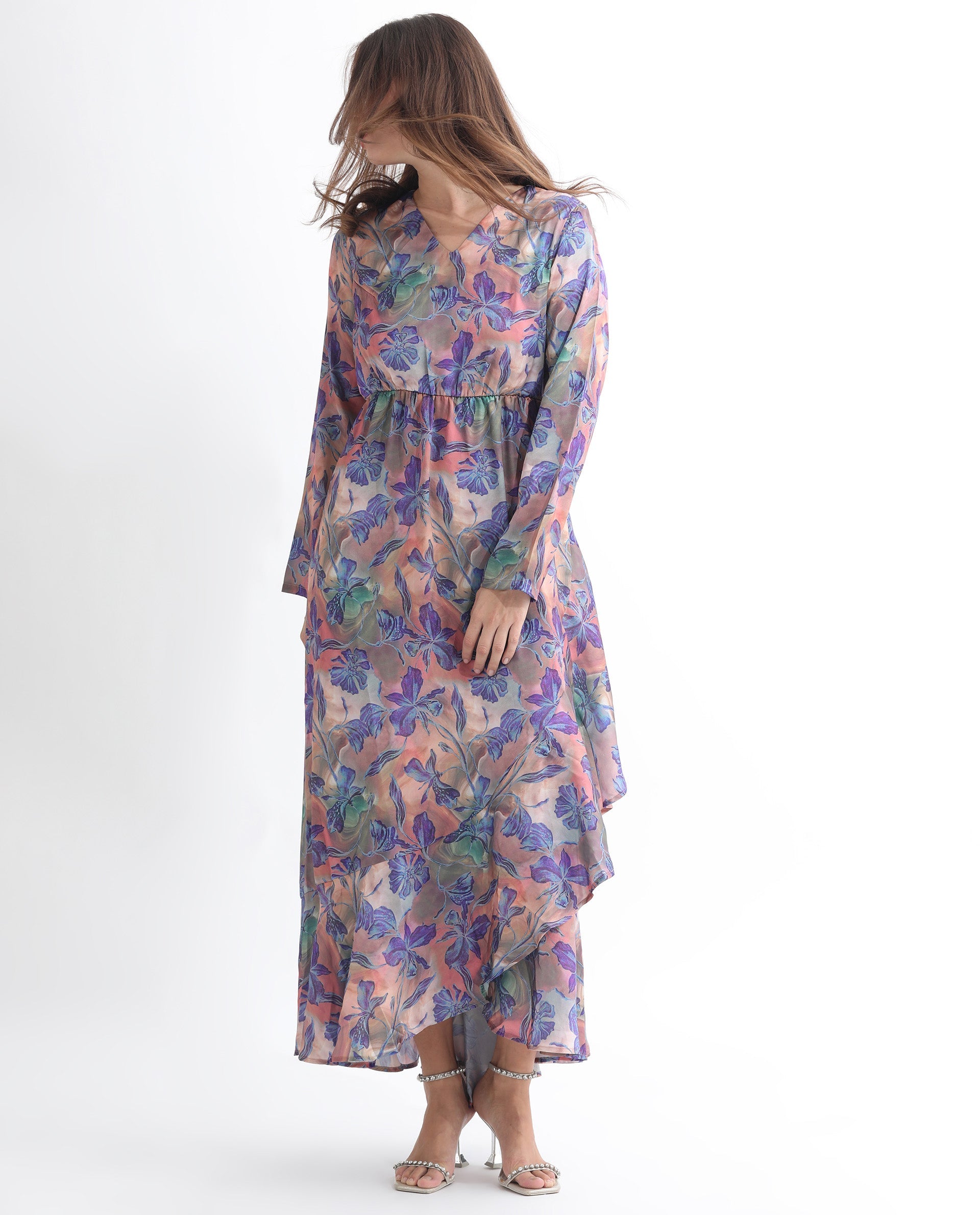 Rareism Women Belen Pastel Blue Polyester Fabric Full Sleeves Zip Closure V-Neck Flared Fit Floral Print Maxi Empire Dress