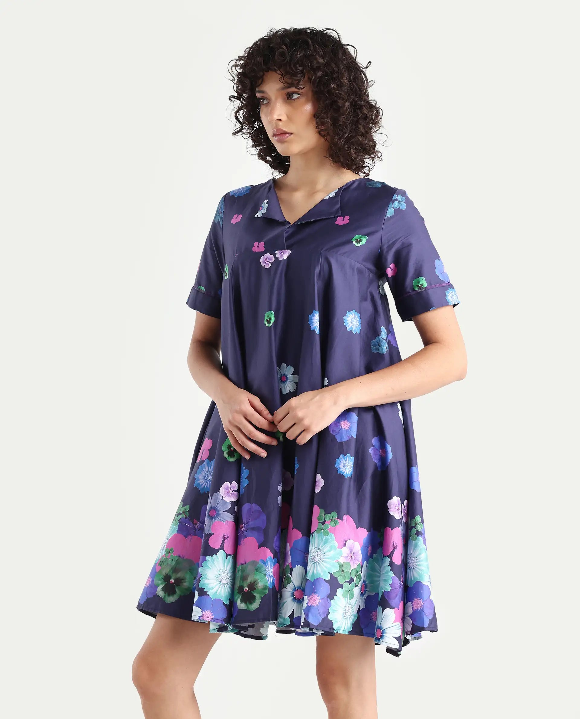 Rareism Women's Belente Blue Cotton Lapel Neck Floral Print Midi Flared Dress