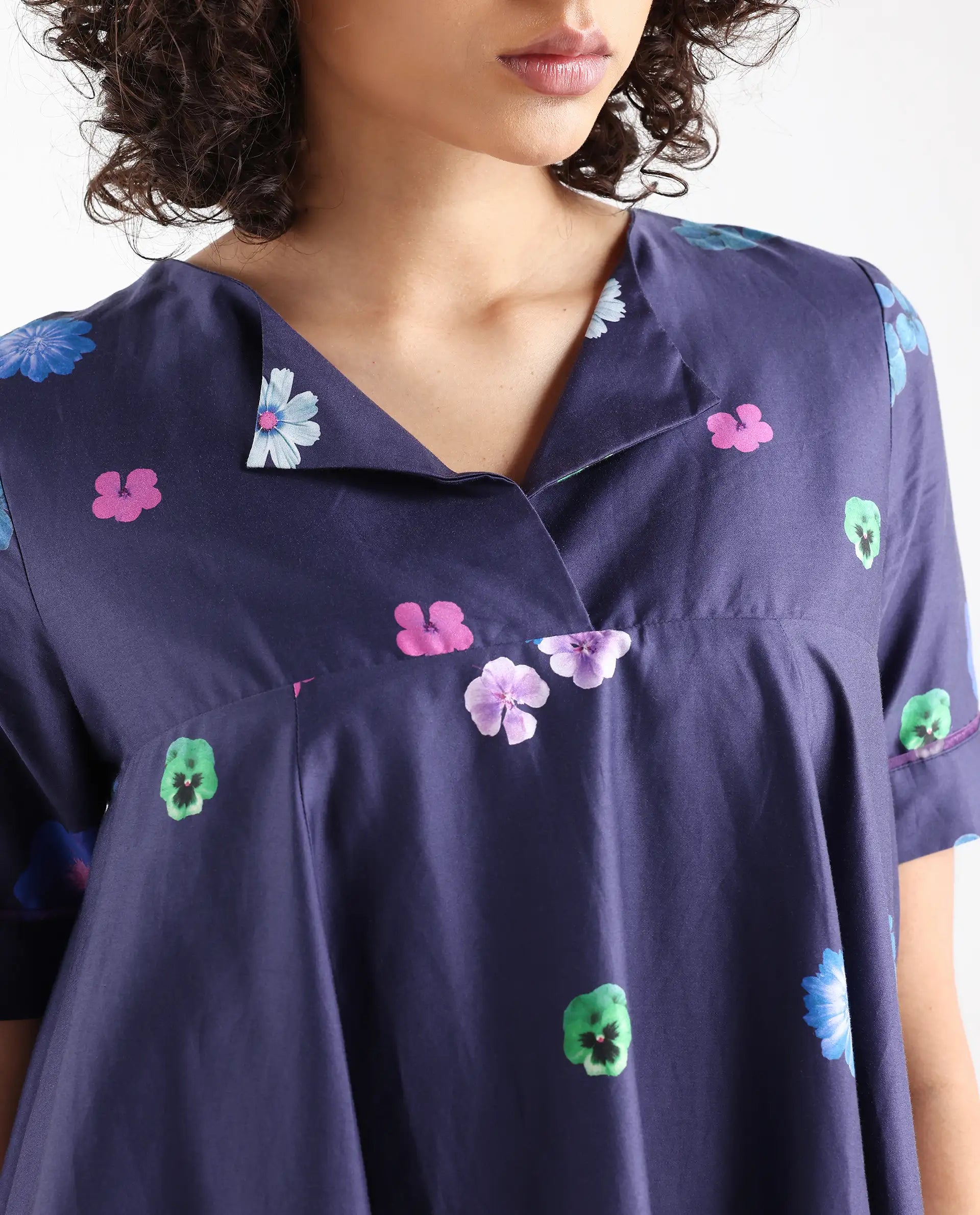 Rareism Women's Belente Blue Cotton Lapel Neck Floral Print Midi Flared Dress