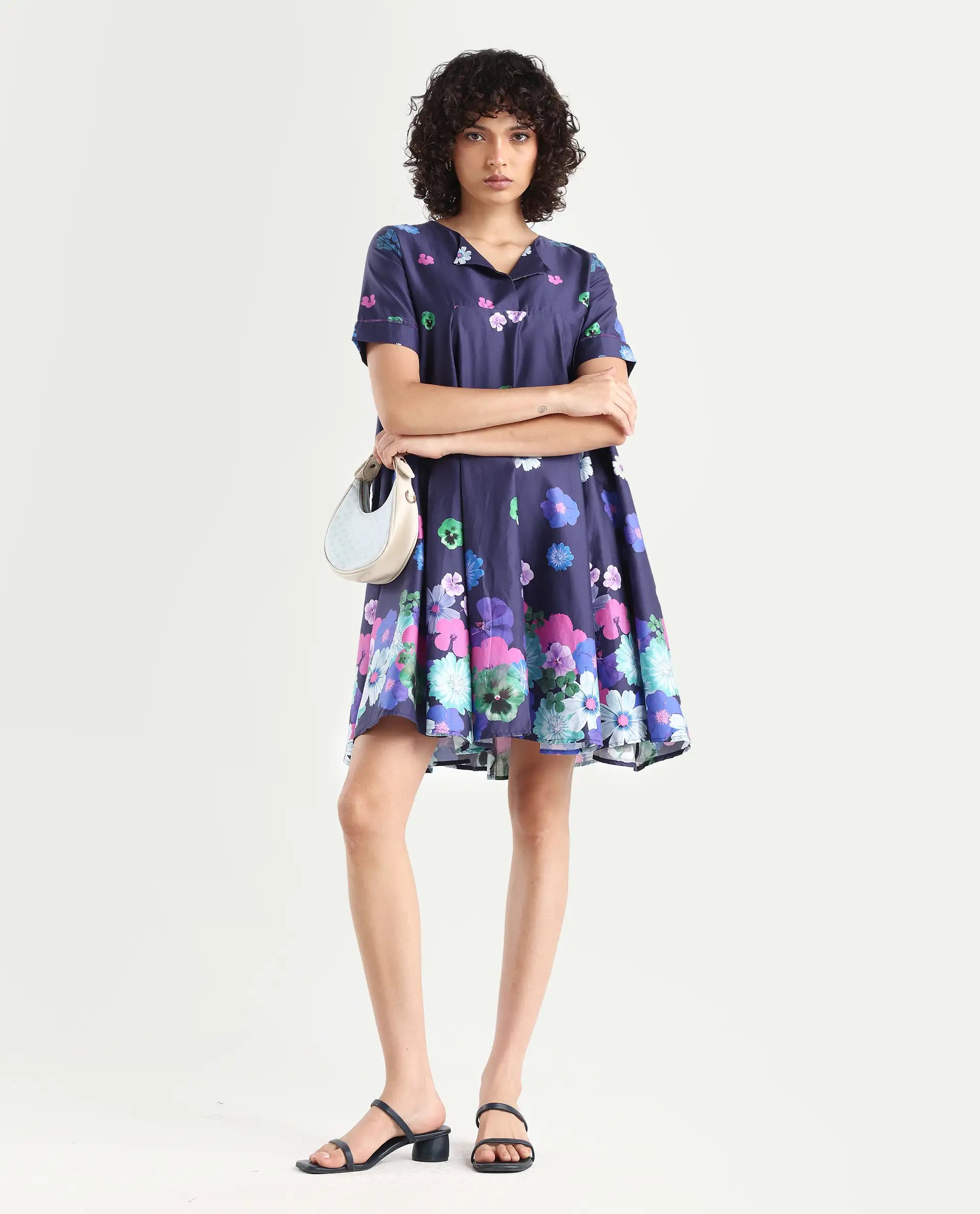 Rareism Women's Belente Blue Cotton Lapel Neck Floral Print Midi Flared Dress