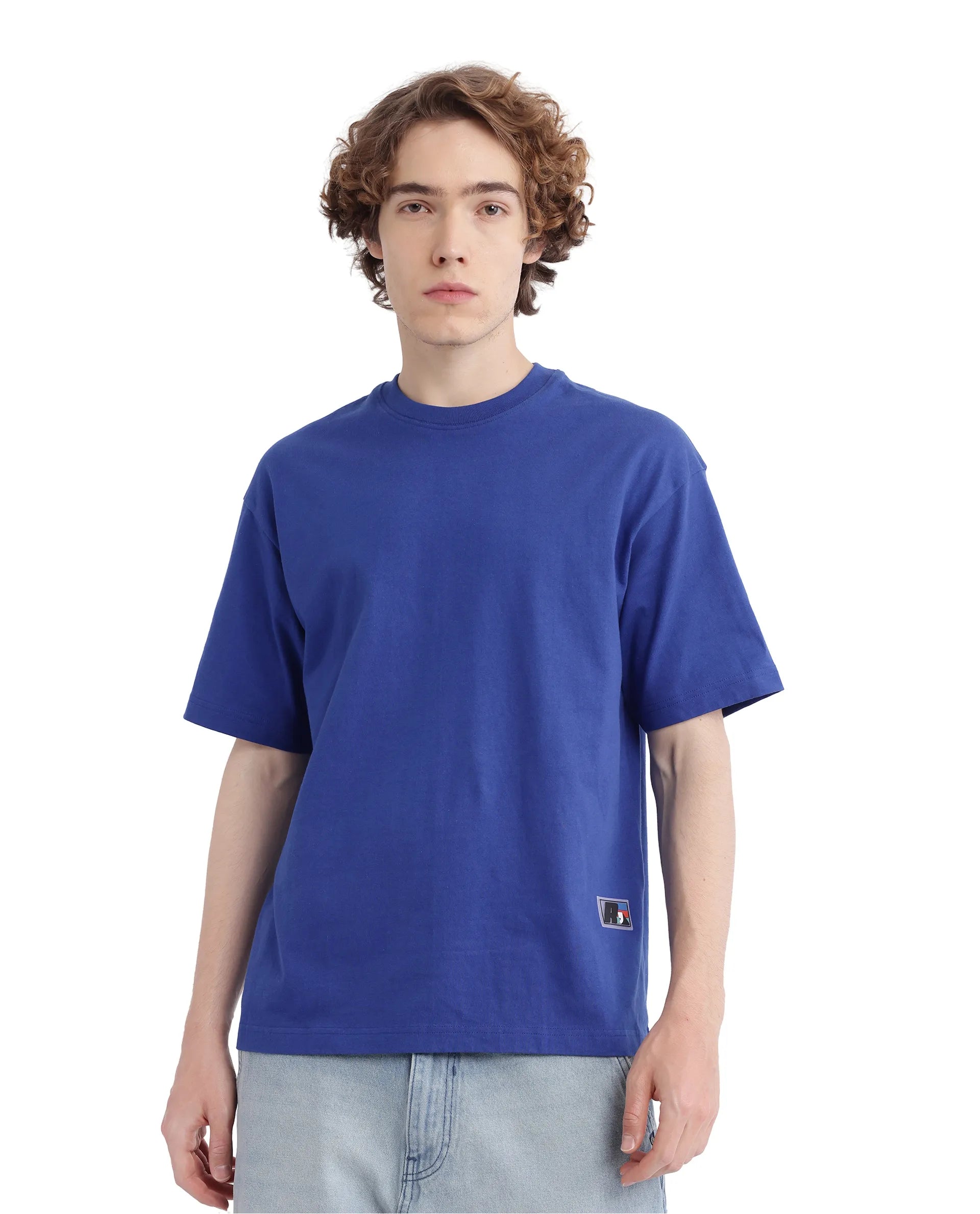 Rare Rabbit Men Belet Blue Cotton Fabric Short Sleeve Crew Neck Oversized Fit HD Backprint with Label Details T-Shirt