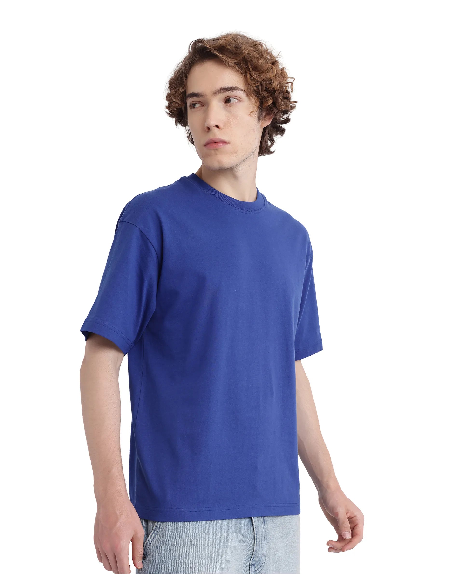 Rare Rabbit Men Belet Blue Cotton Fabric Short Sleeve Crew Neck Oversized Fit HD Backprint with Label Details T-Shirt