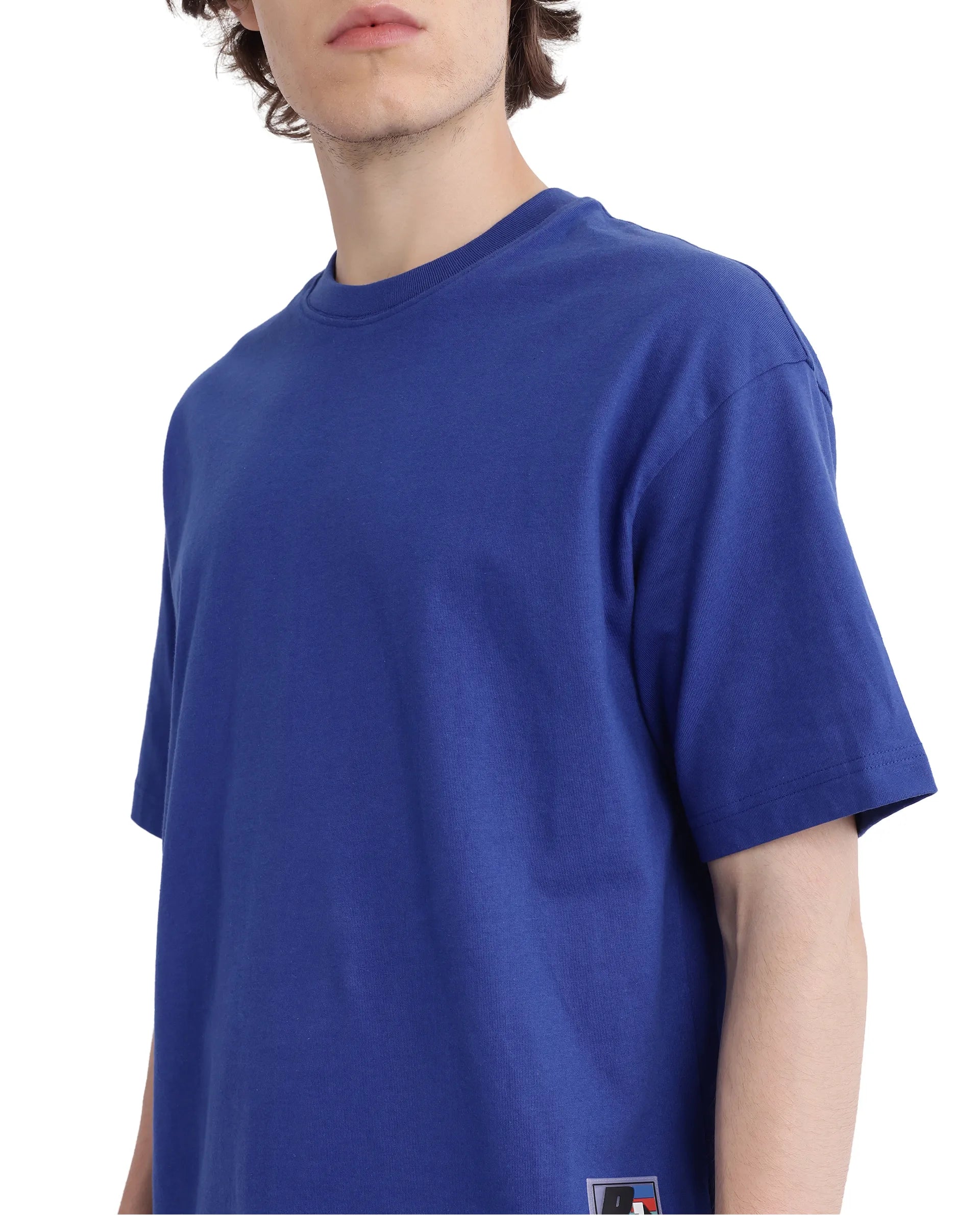 Rare Rabbit Men Belet Blue Cotton Fabric Short Sleeve Crew Neck Oversized Fit HD Backprint with Label Details T-Shirt