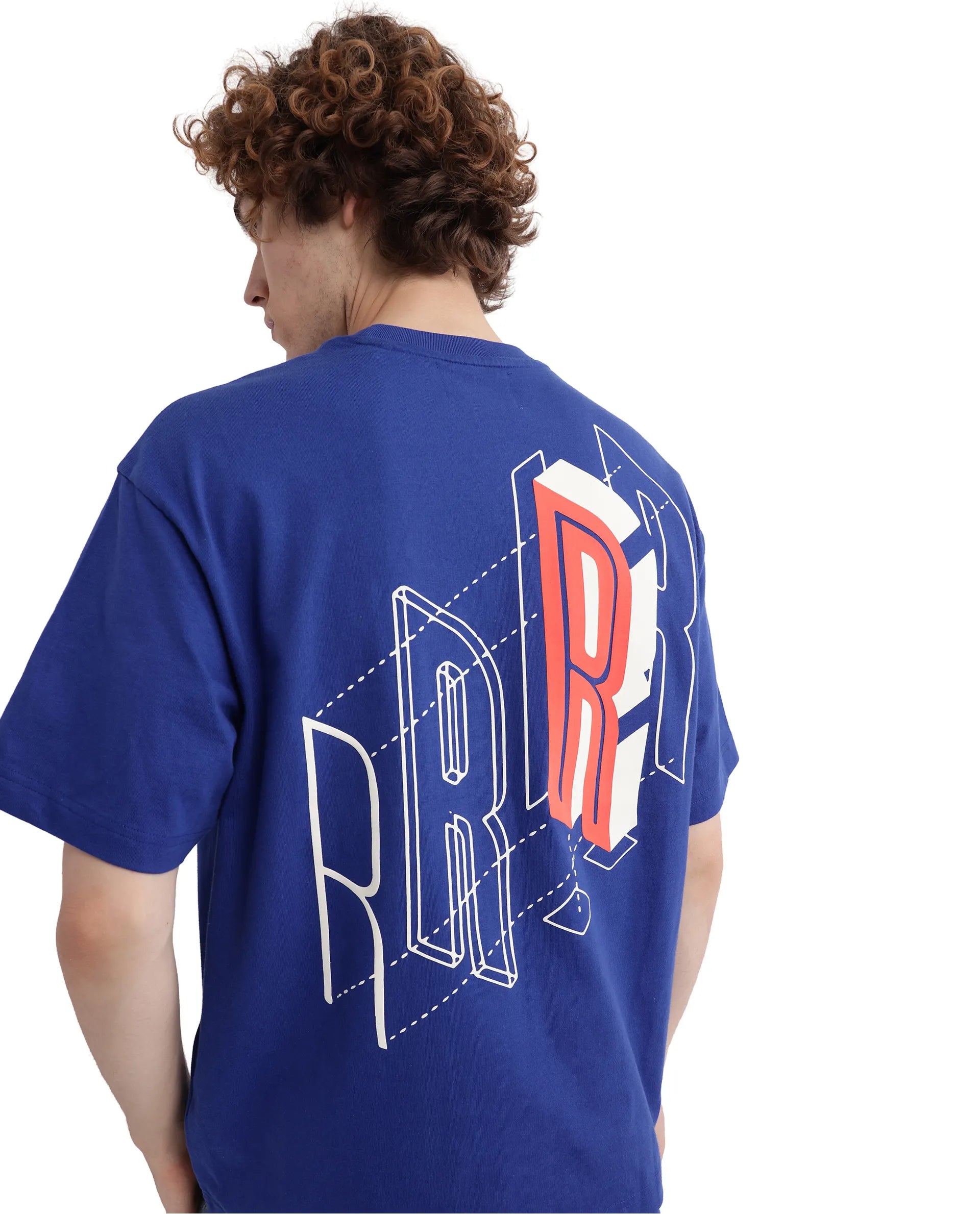 Rare Rabbit Men Belet Blue Cotton Fabric Short Sleeve Crew Neck Oversized Fit HD Backprint with Label Details T-Shirt