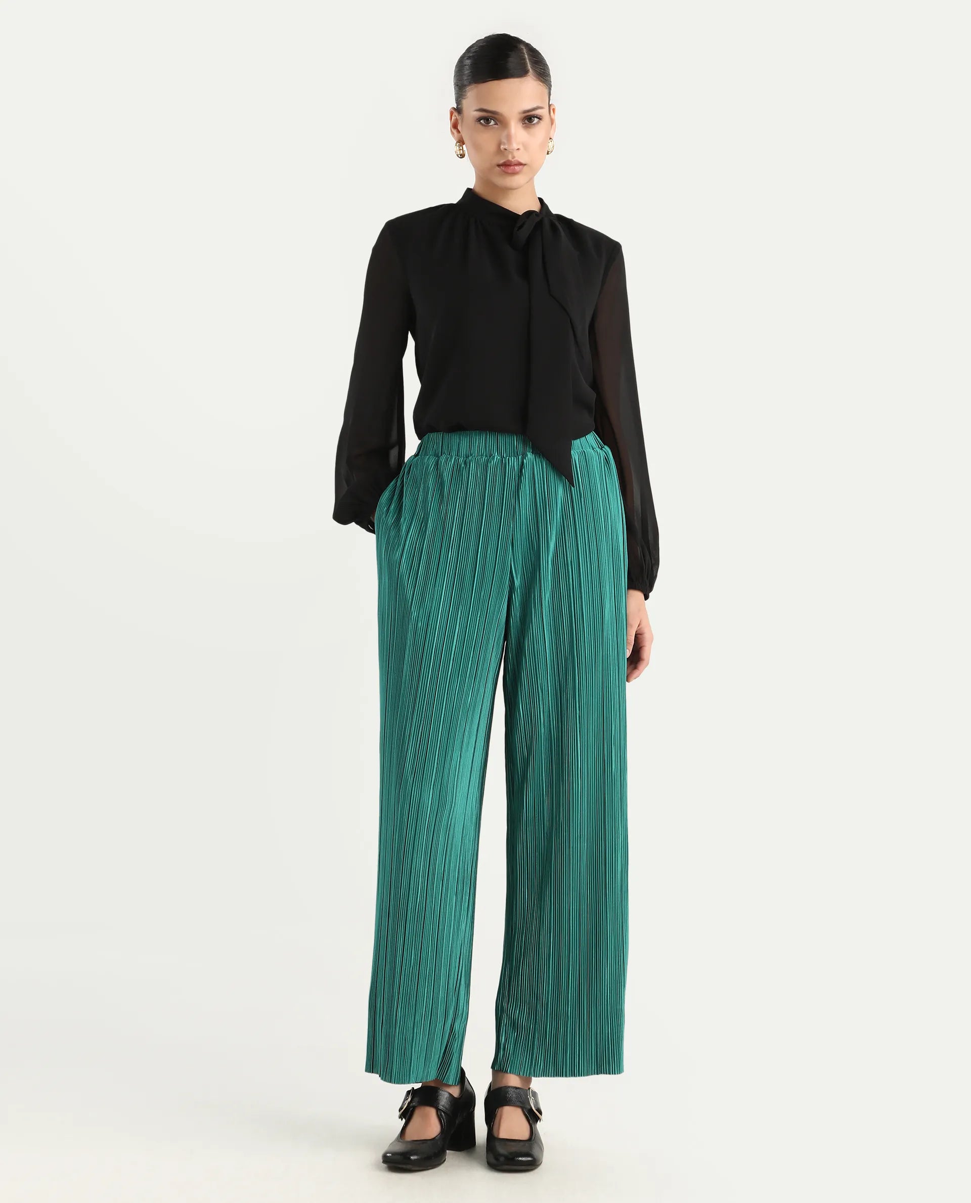 Rareism Women's Belgarde-B Petrol Polyester Plain Ankle Length Straight Fit Trouser