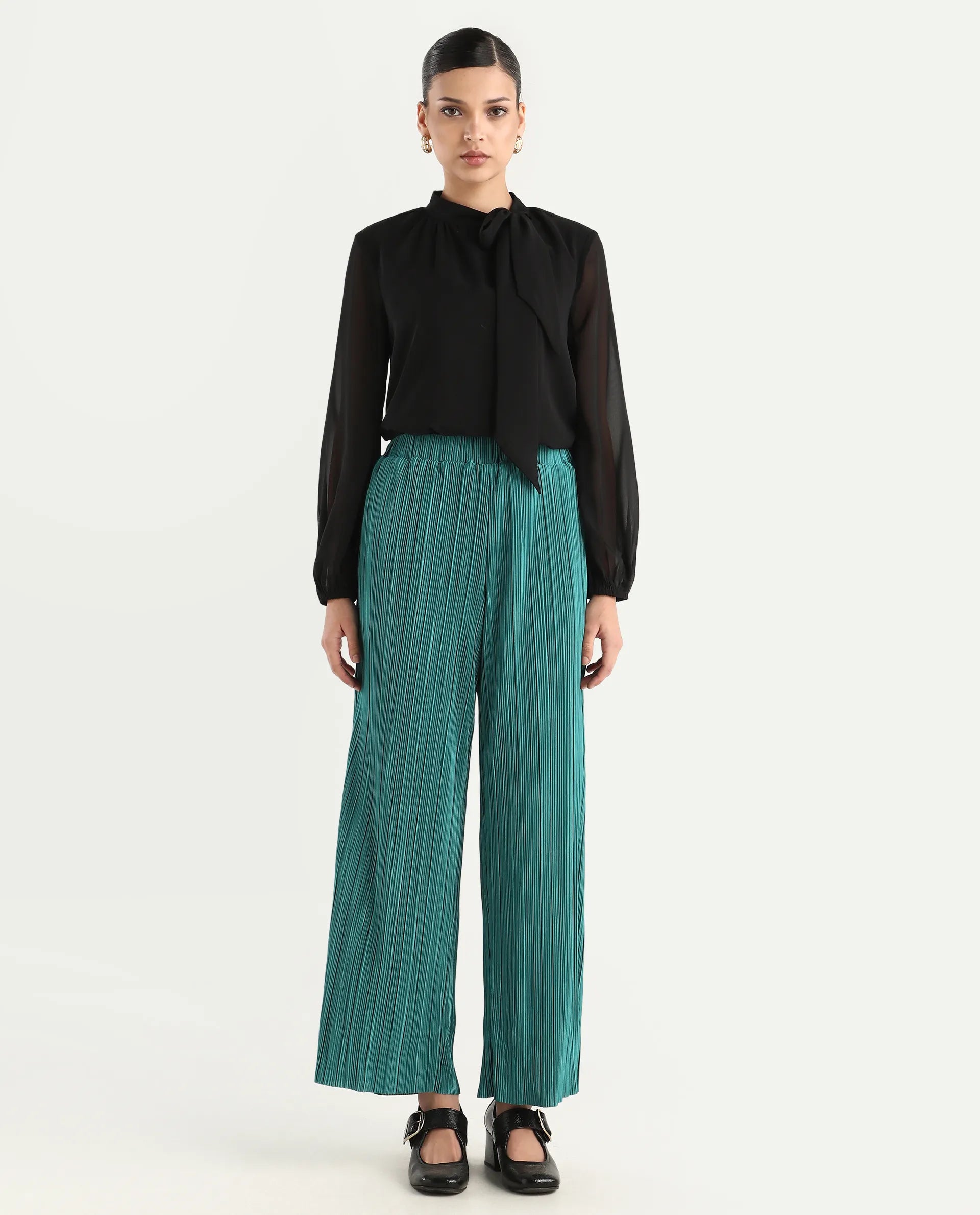 Rareism Women's Belgarde-B Petrol Polyester Plain Ankle Length Straight Fit Trouser