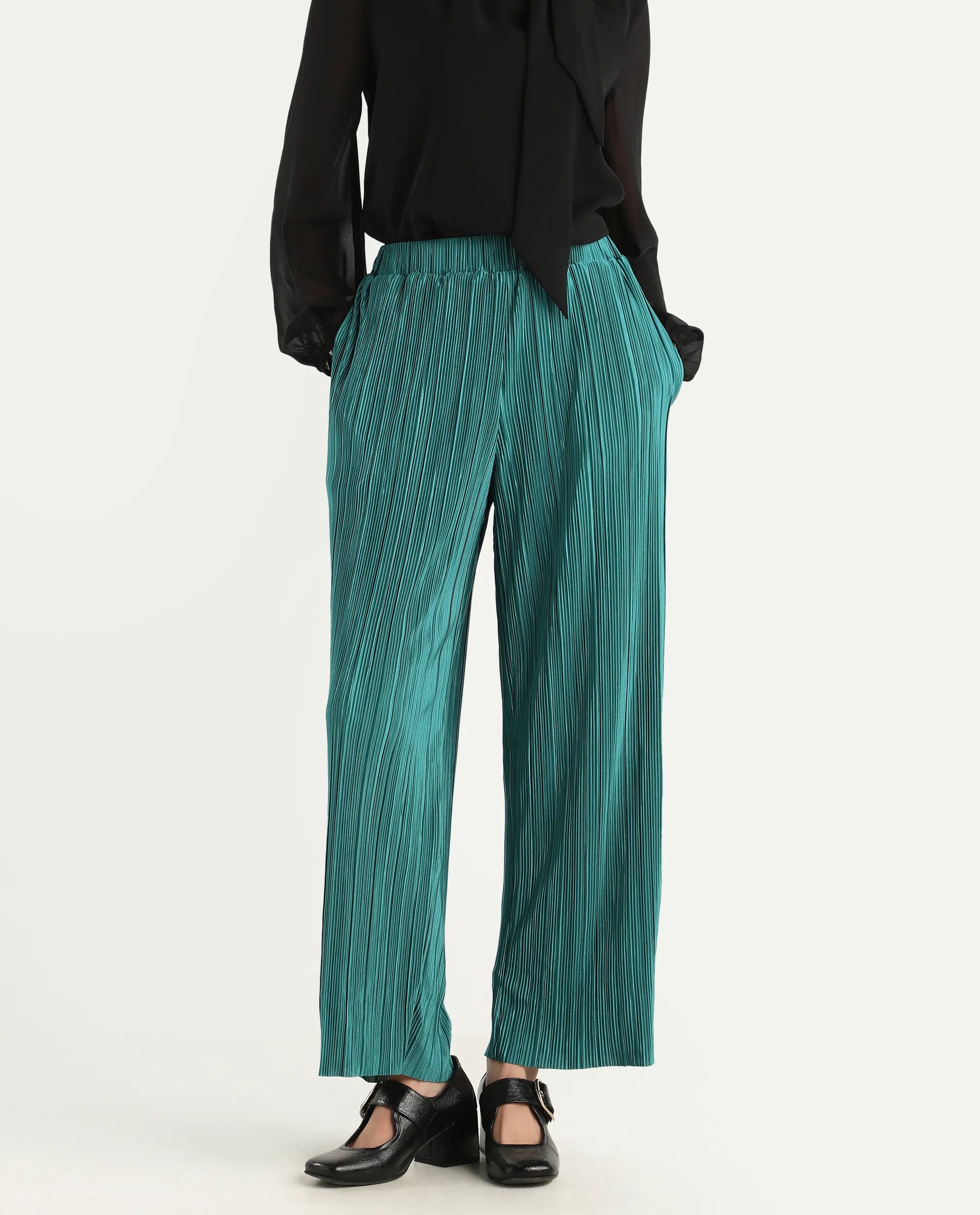 Rareism Women's Belgarde-B Petrol Polyester Plain Ankle Length Straight Fit Trouser