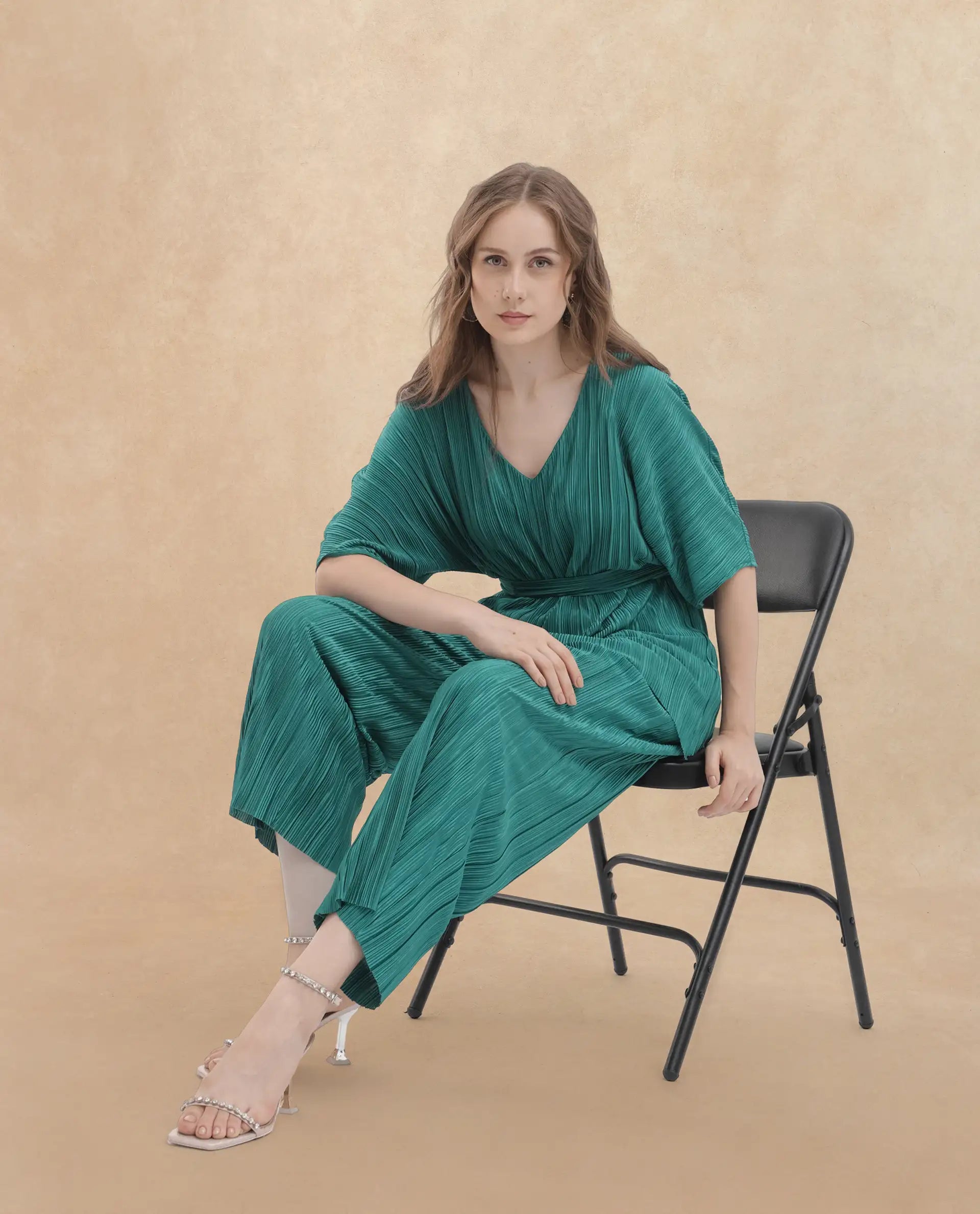 Rareism Women's Belgarde-T Petrol Polyester V-Neck Plain Extended Sleeves Relaxed Fit Top