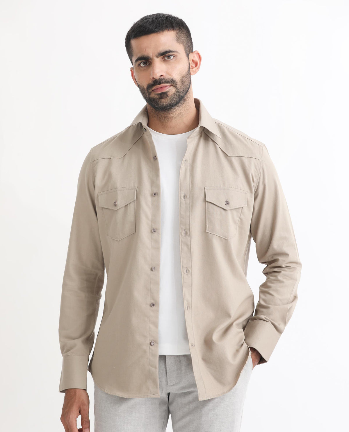 Rare Rabbit Men's Belia Beige Cotton Fabric Full Sleeves Solid Shirt