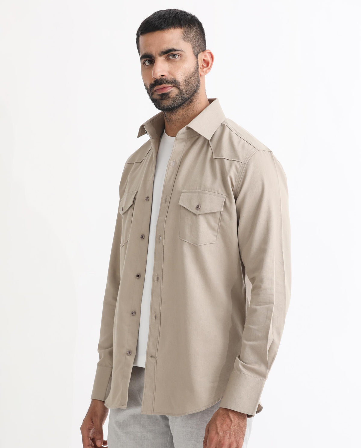 Rare Rabbit Men's Belia Beige Cotton Fabric Full Sleeves Solid Shirt