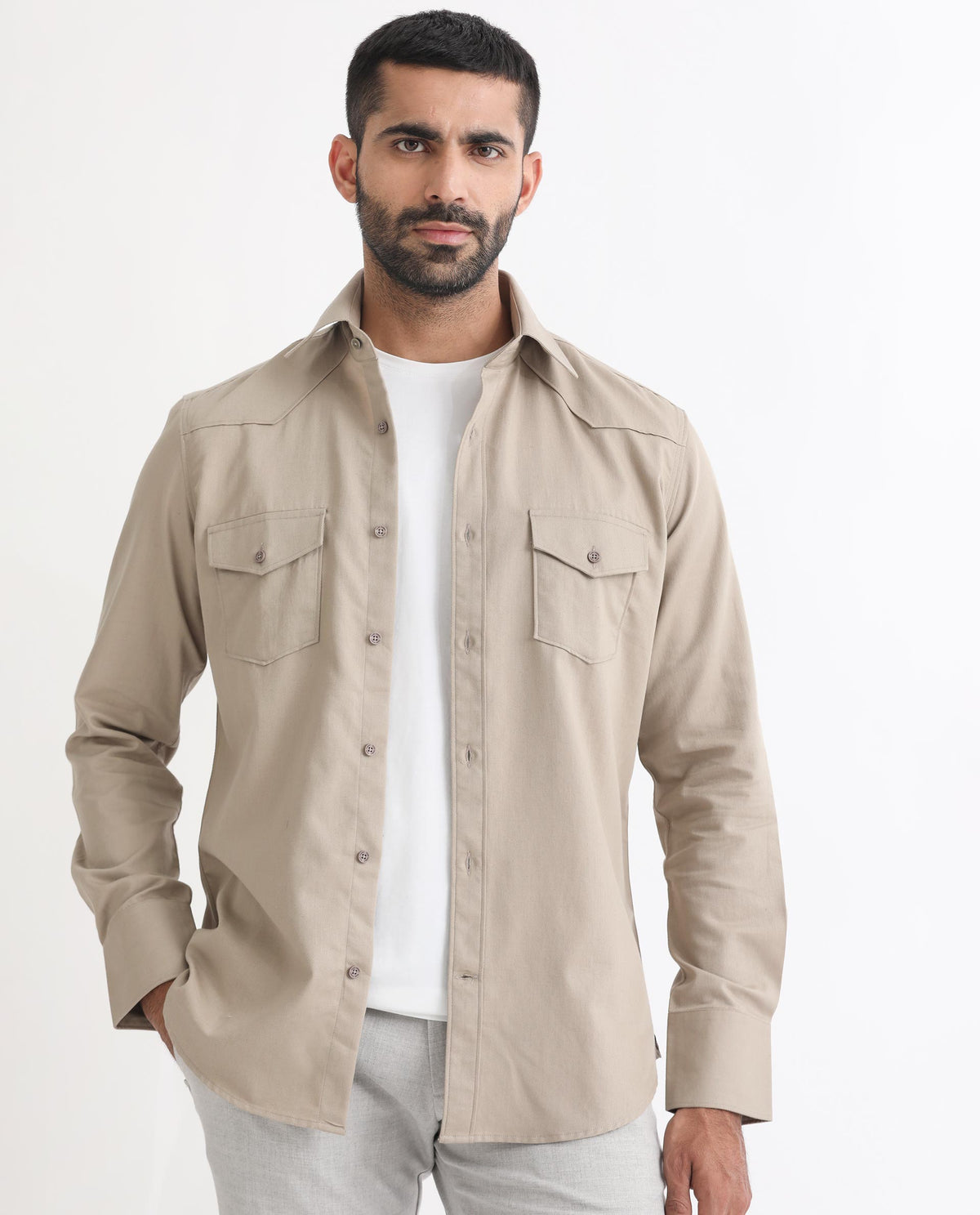Rare Rabbit Men's Belia Beige Cotton Fabric Full Sleeves Solid Shirt