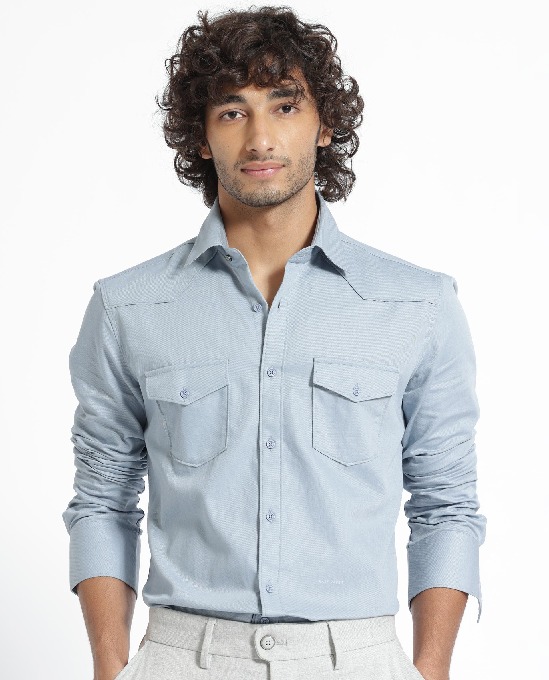 Rare Rabbit Men's Belia Dusky Blue Cotton Fabric Full Sleeves Solid Shirt