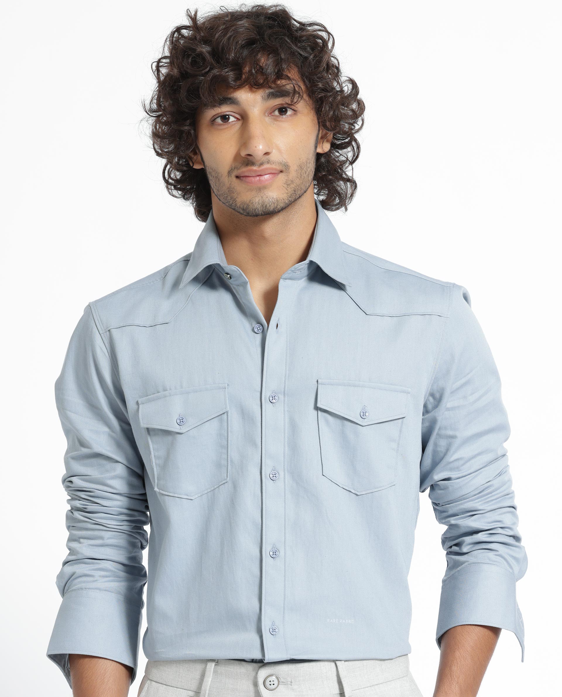 Rare Rabbit Men's Belia Dusky Blue Cotton Fabric Full Sleeves Solid Shirt