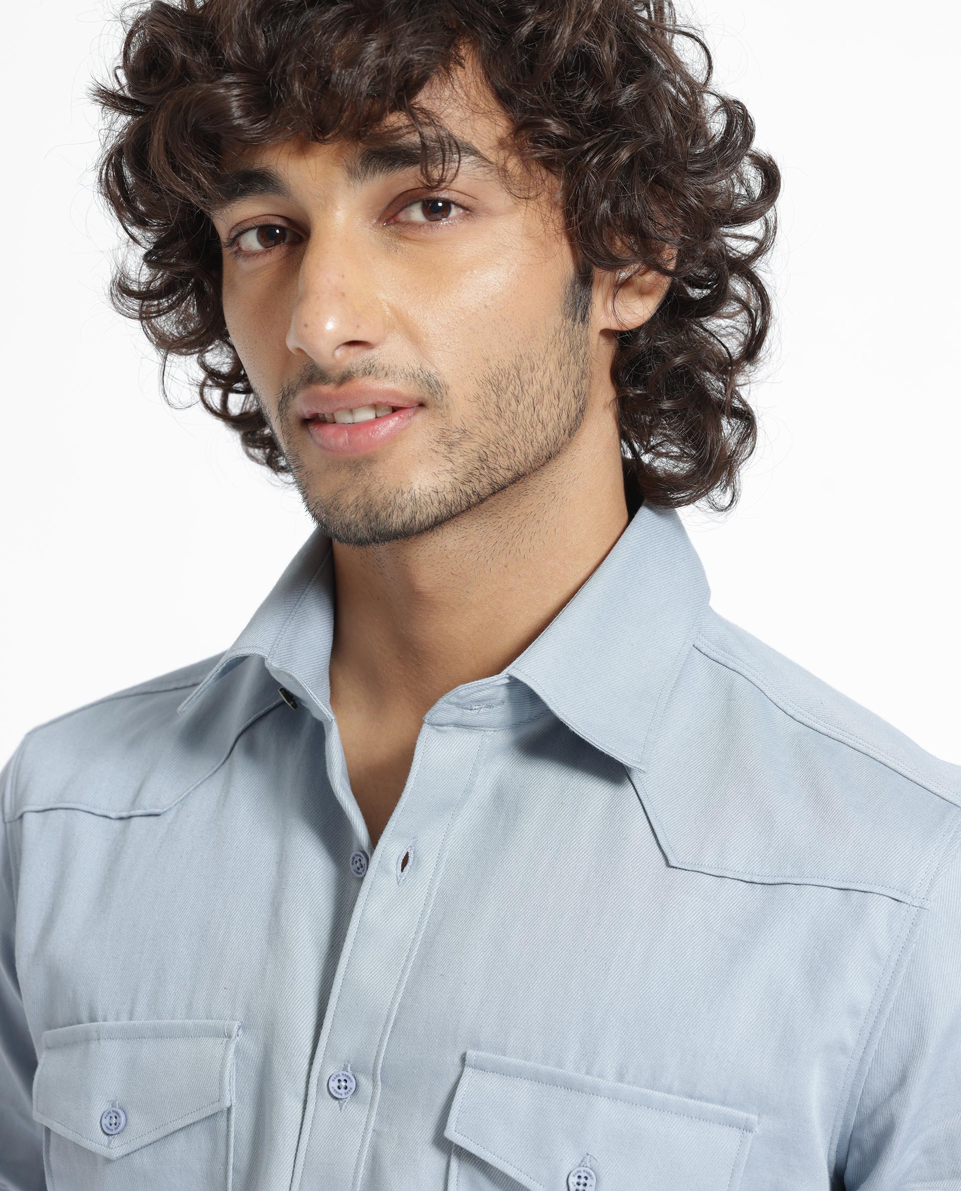 Rare Rabbit Men's Belia Dusky Blue Cotton Fabric Full Sleeves Solid Shirt