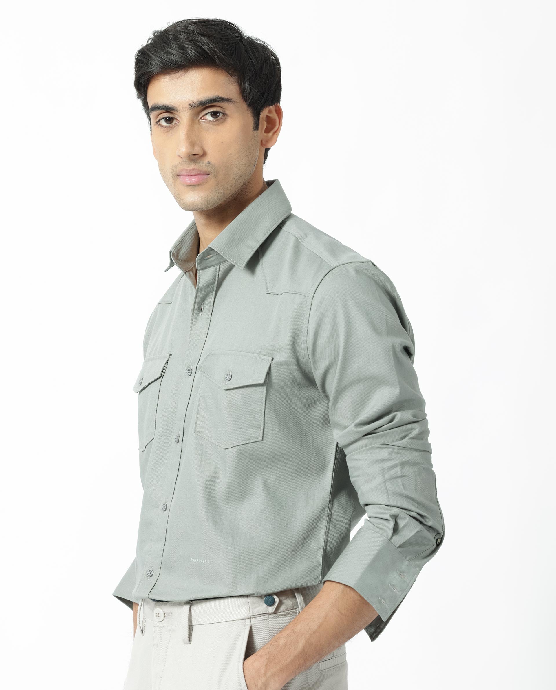 Rare Rabbit Men's Belia Dusky Green Cotton Fabric Full Sleeves Solid Shirt