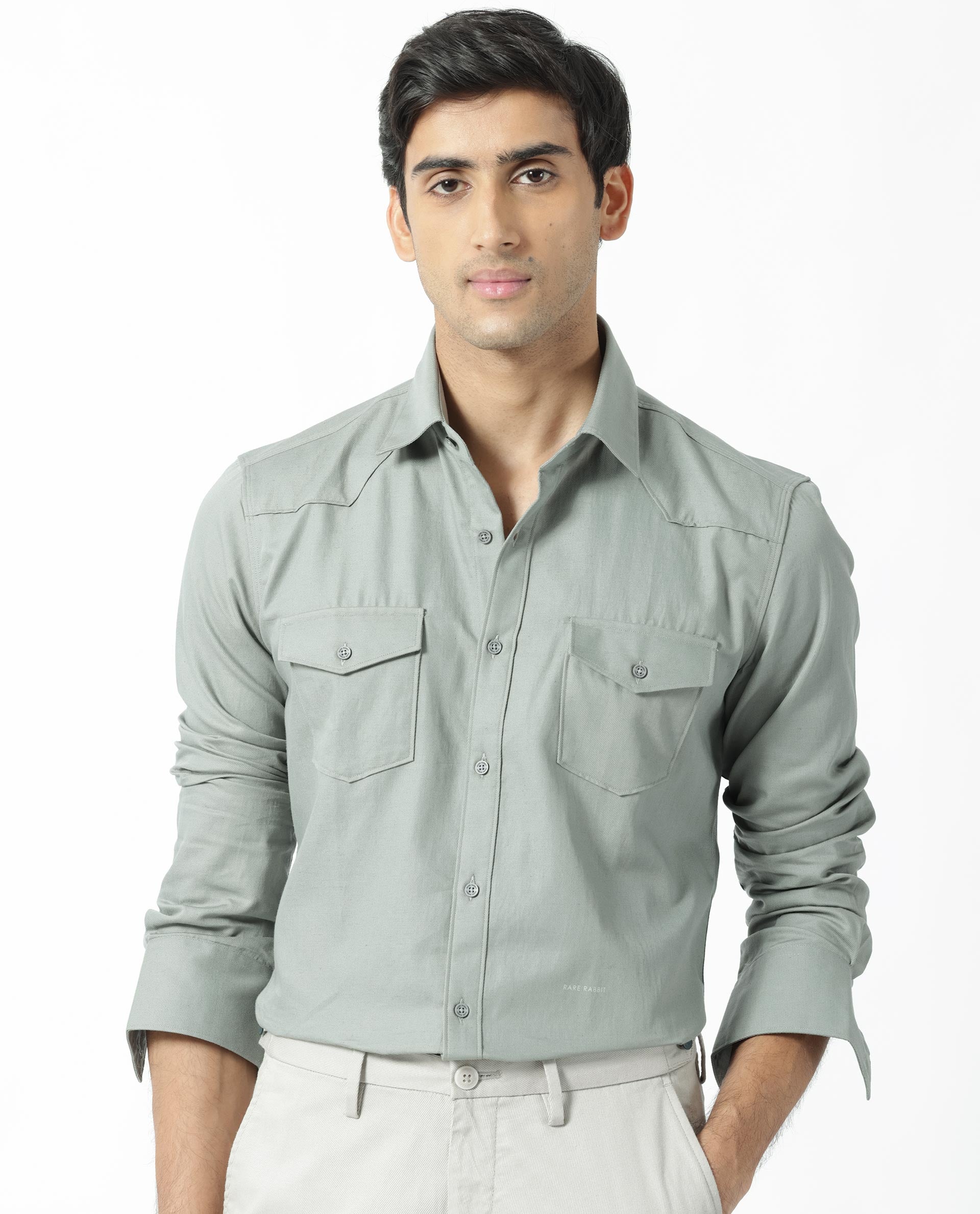 Rare Rabbit Men's Belia Dusky Green Cotton Fabric Full Sleeves Solid Shirt