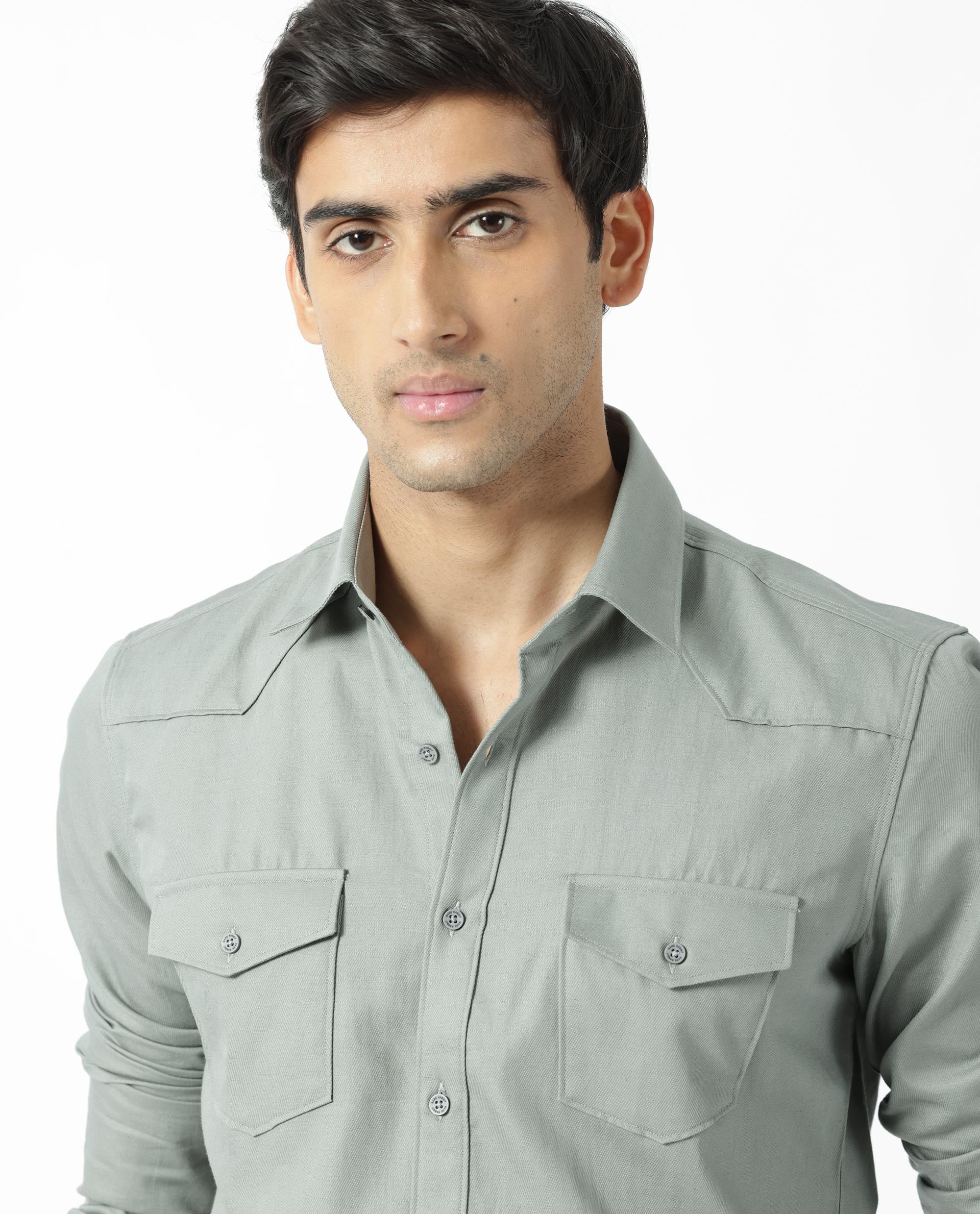 Rare Rabbit Men's Belia Dusky Green Cotton Fabric Full Sleeves Solid Shirt