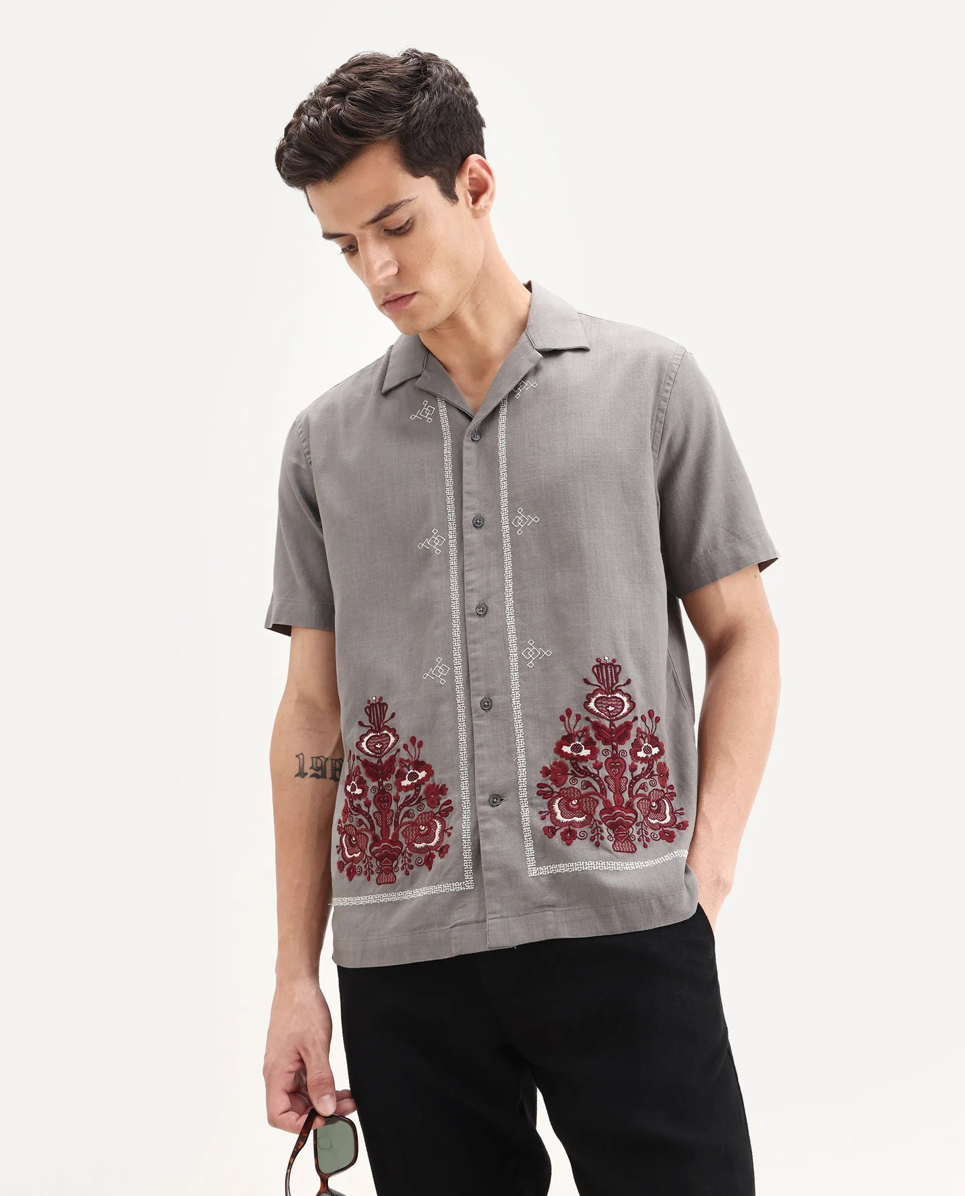 Rare Rabbit Men's Bellac Grey Cotton Embroidered Relaxed Fit Half Sleeve Cuban Collar Shirt