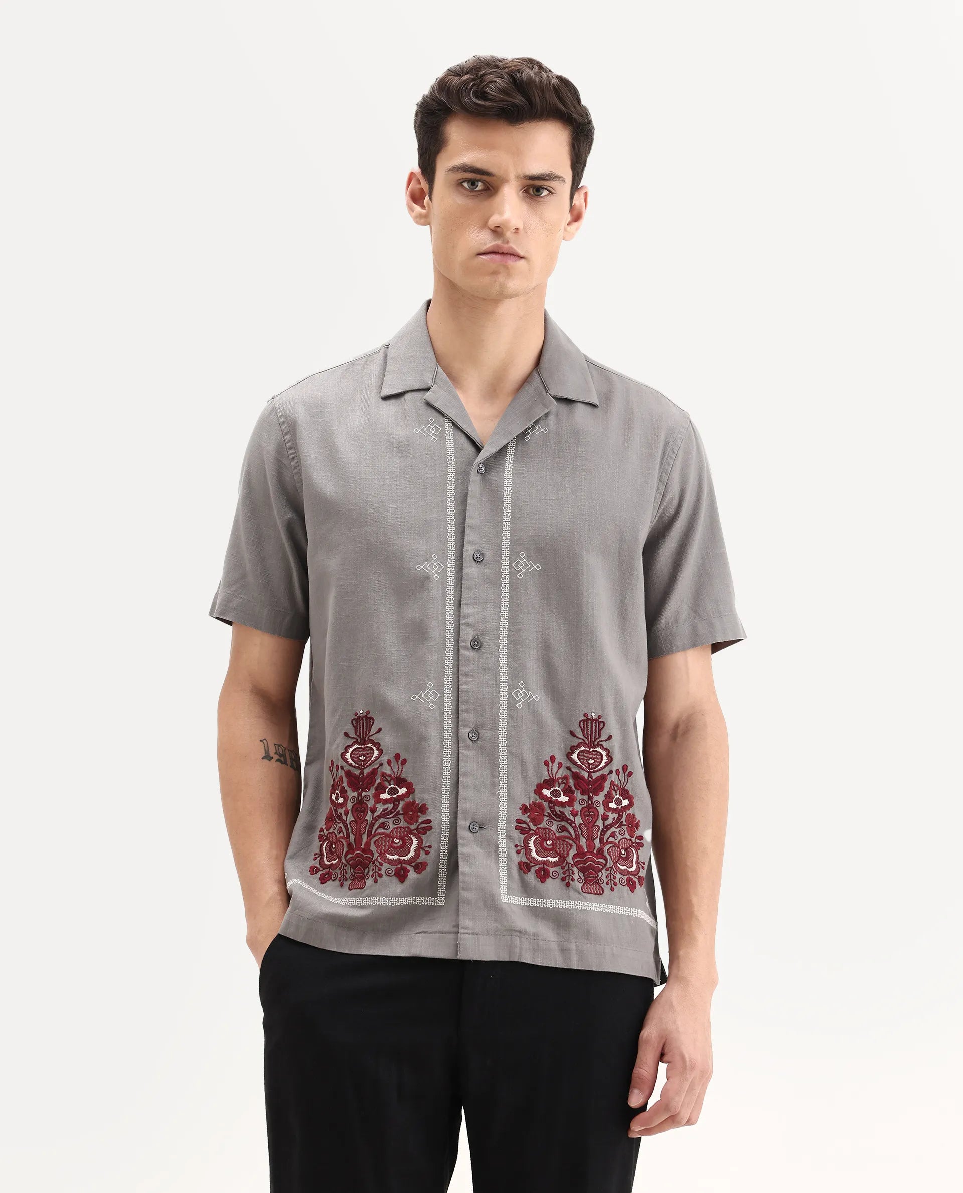 Rare Rabbit Men's Bellac Grey Cotton Embroidered Relaxed Fit Half Sleeve Cuban Collar Shirt