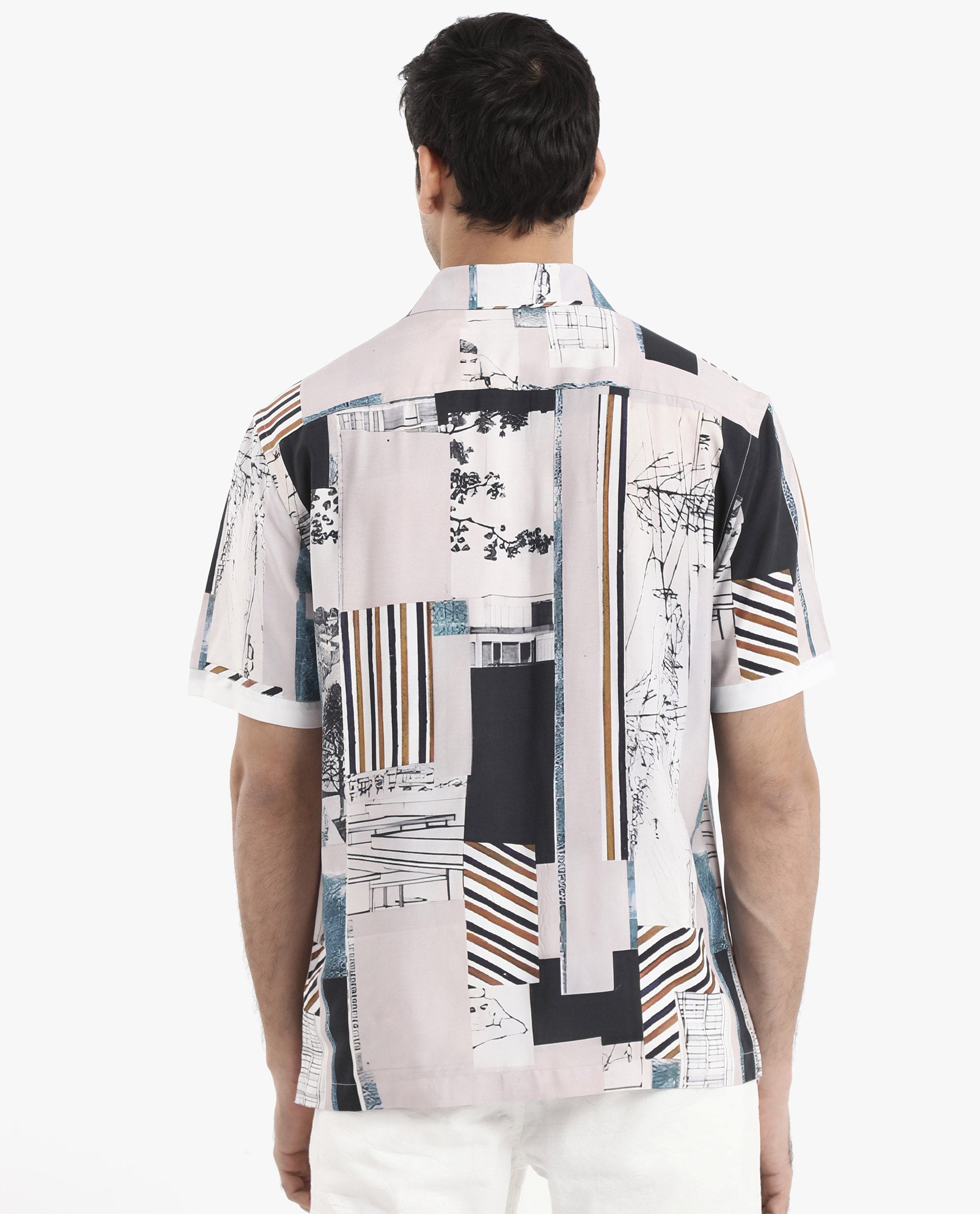 Rare Rabbit Men's Bellatrix White Viscose Fabric Short Sleeve Regular Fit Abstract Print Shirt