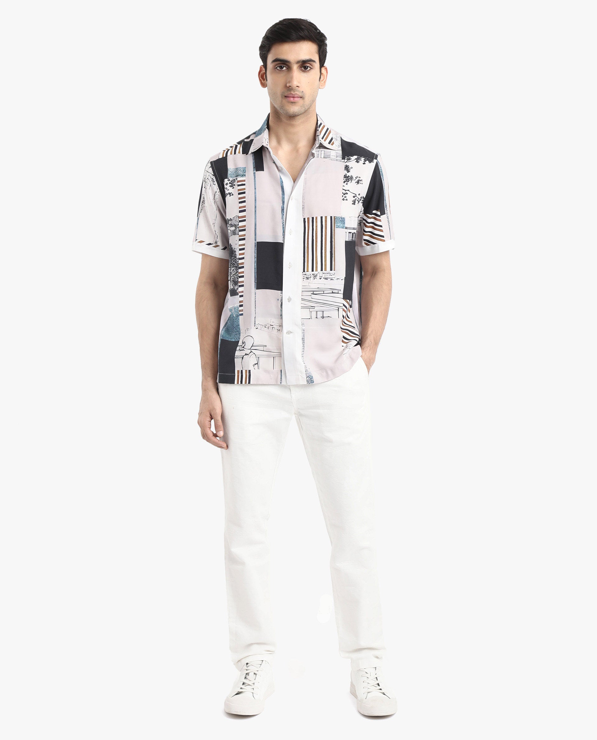 Rare Rabbit Men's Bellatrix White Viscose Fabric Short Sleeve Regular Fit Abstract Print Shirt