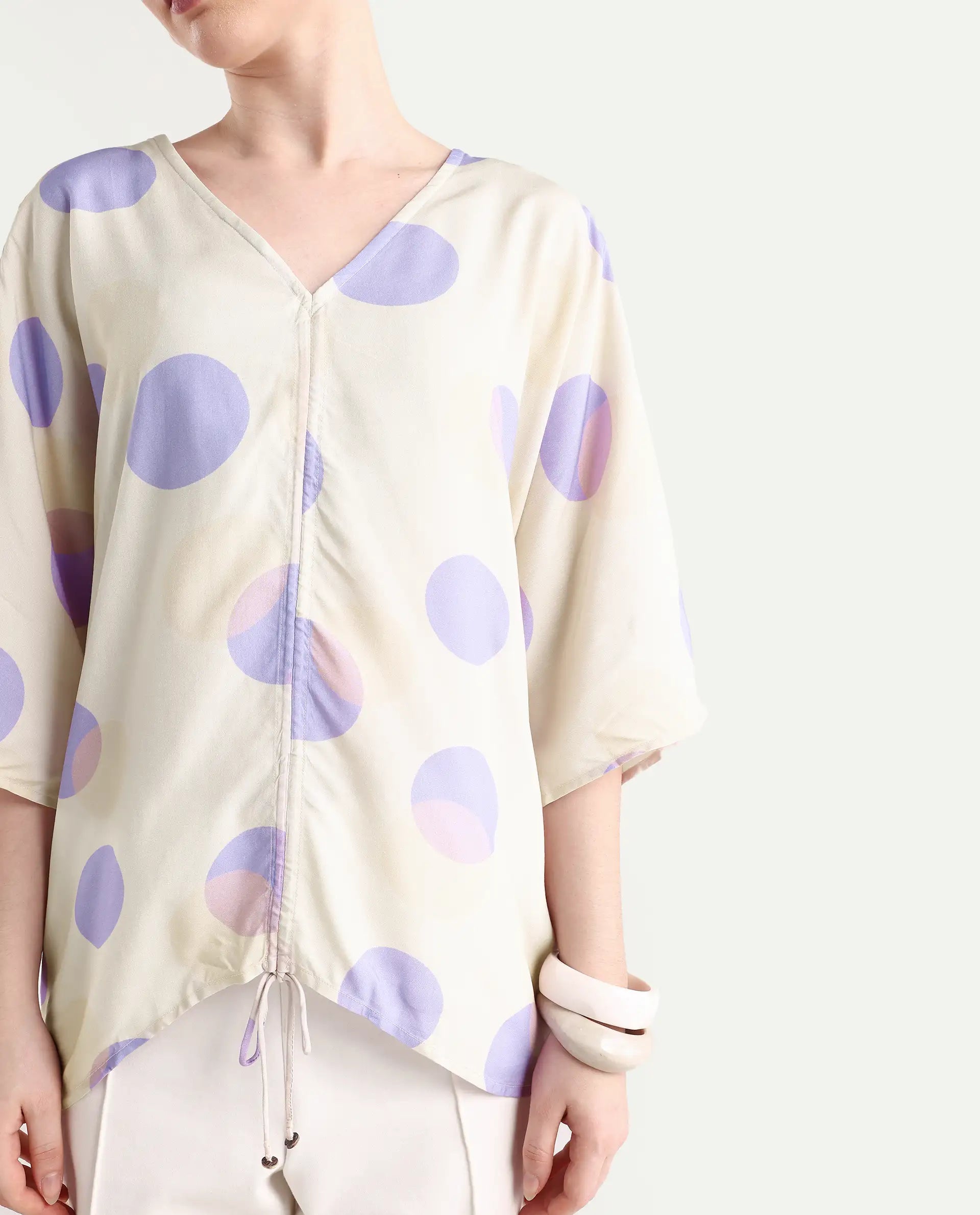 Rareism Women's Bell Beige Viscose V-Neck Polka Print Bell Sleeve Boxy Fit Top