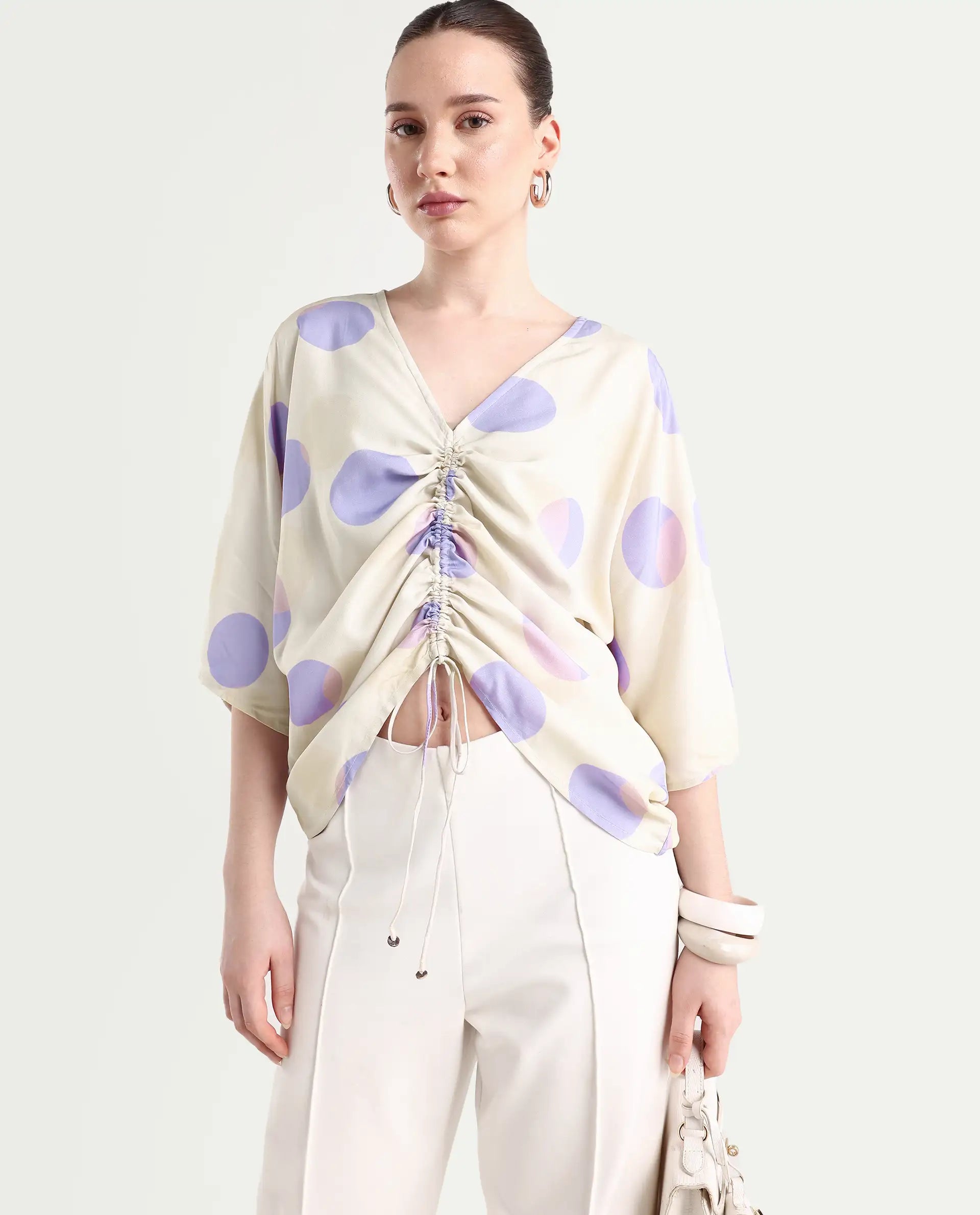 Rareism Women's Bell Beige Viscose V-Neck Polka Print Bell Sleeve Boxy Fit Top