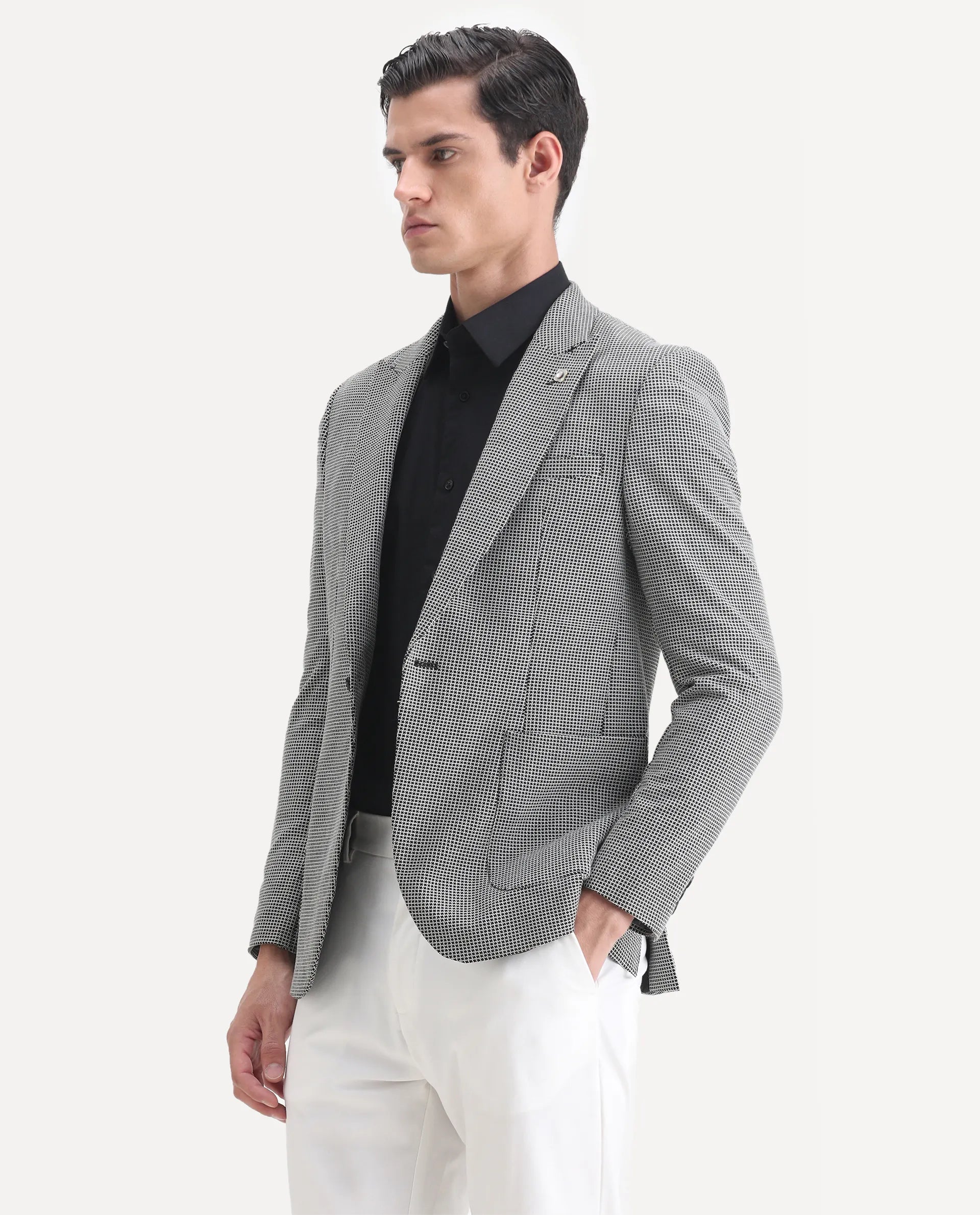 Rare Rabbit Men's Bellion Black Polyester Checked Print Tailored Fit Full Sleeve Lapel Neck Blazer