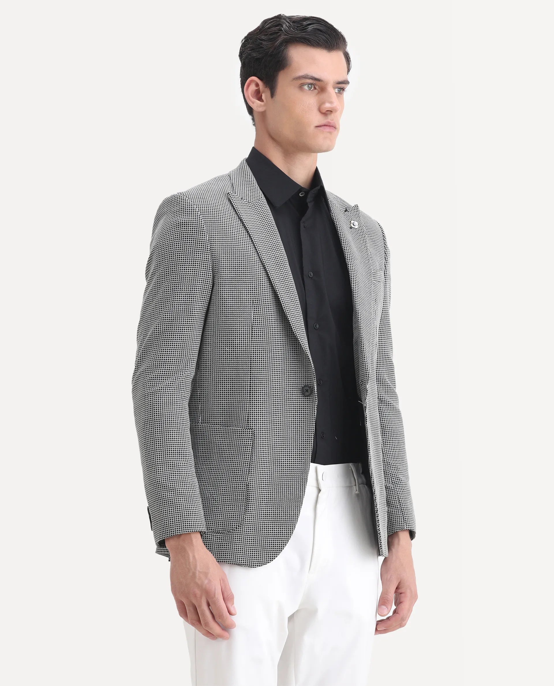 Rare Rabbit Men's Bellion Black Polyester Checked Print Tailored Fit Full Sleeve Lapel Neck Blazer