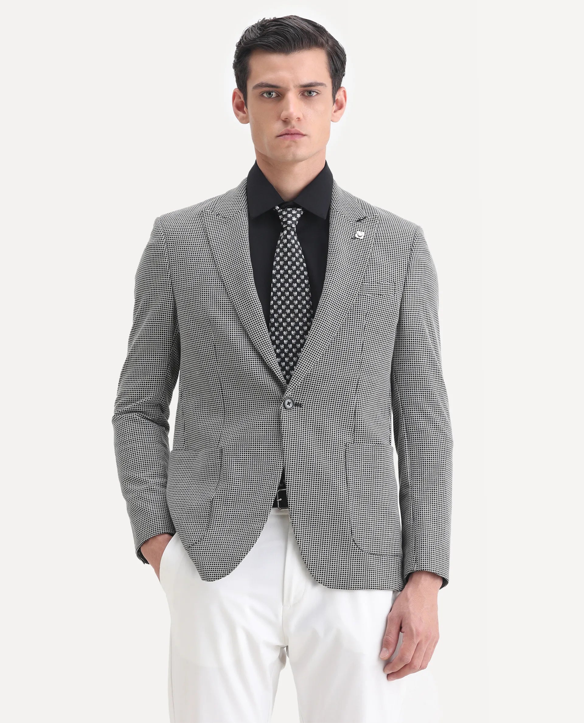 Rare Rabbit Men's Bellion Black Polyester Checked Print Tailored Fit Full Sleeve Lapel Neck Blazer