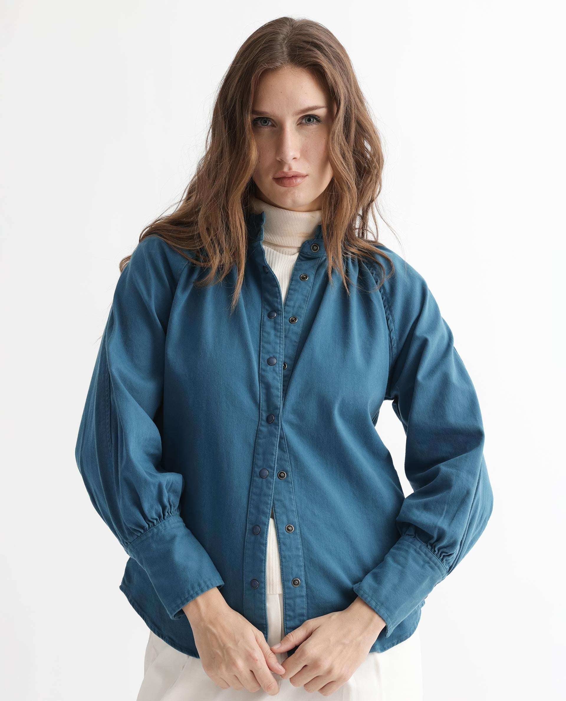Rareism Women Bellona Petrol Cotton Fabric Full Sleeves Solid Ruffled Neck Jacket
