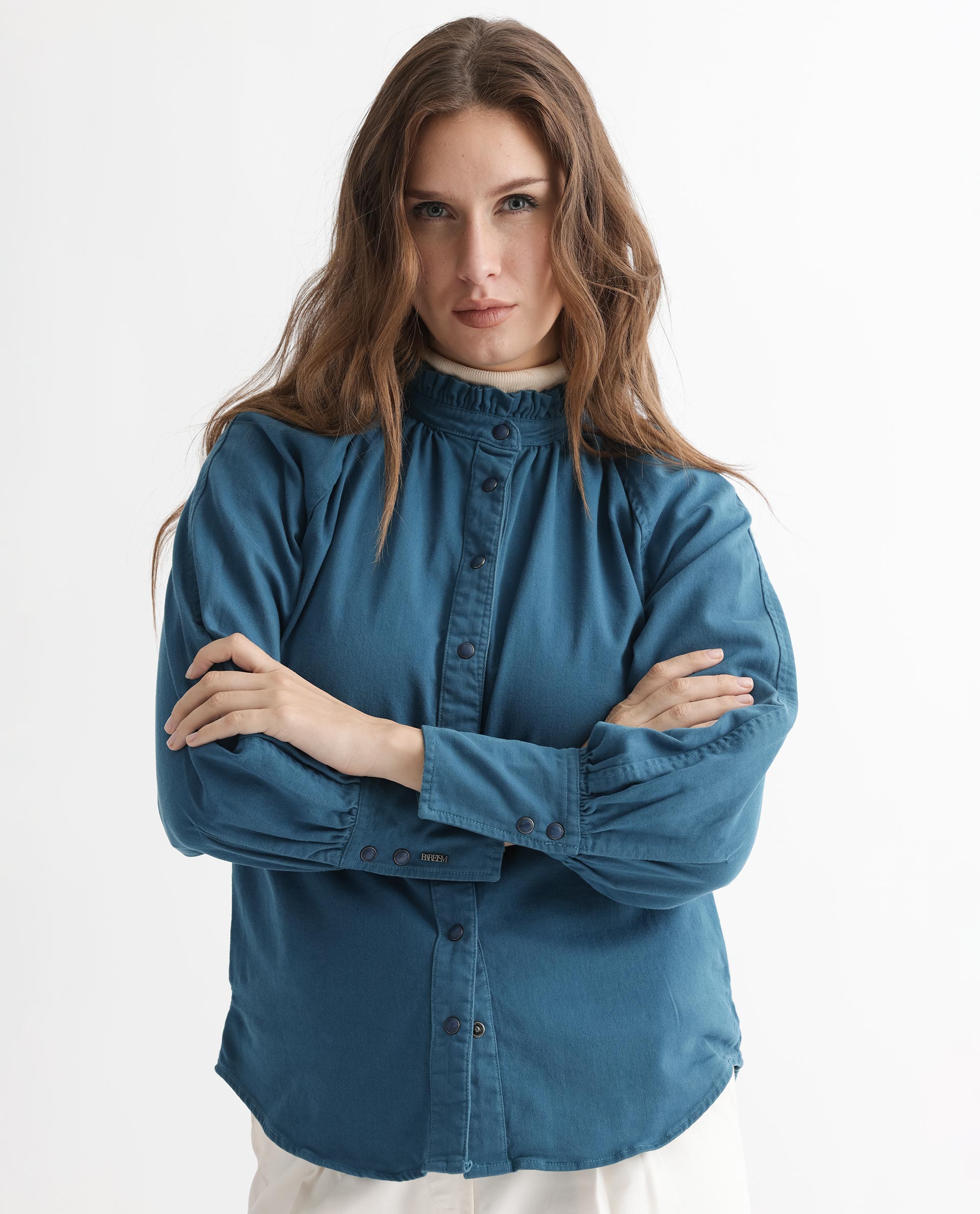 Rareism Women Bellona Petrol Cotton Fabric Full Sleeves Solid Ruffled Neck Jacket