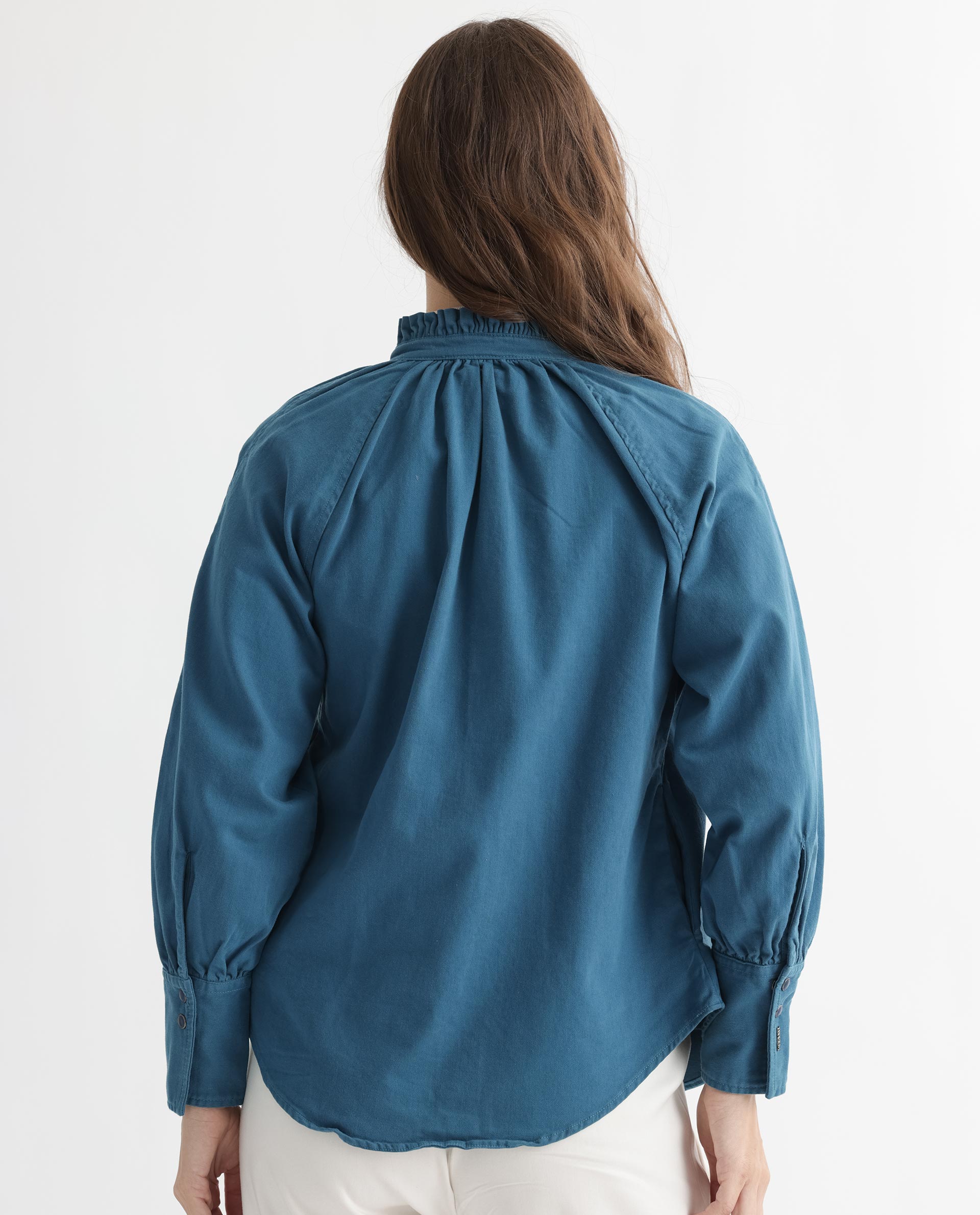 Rareism Women Bellona Petrol Cotton Fabric Full Sleeves Solid Ruffled Neck Jacket