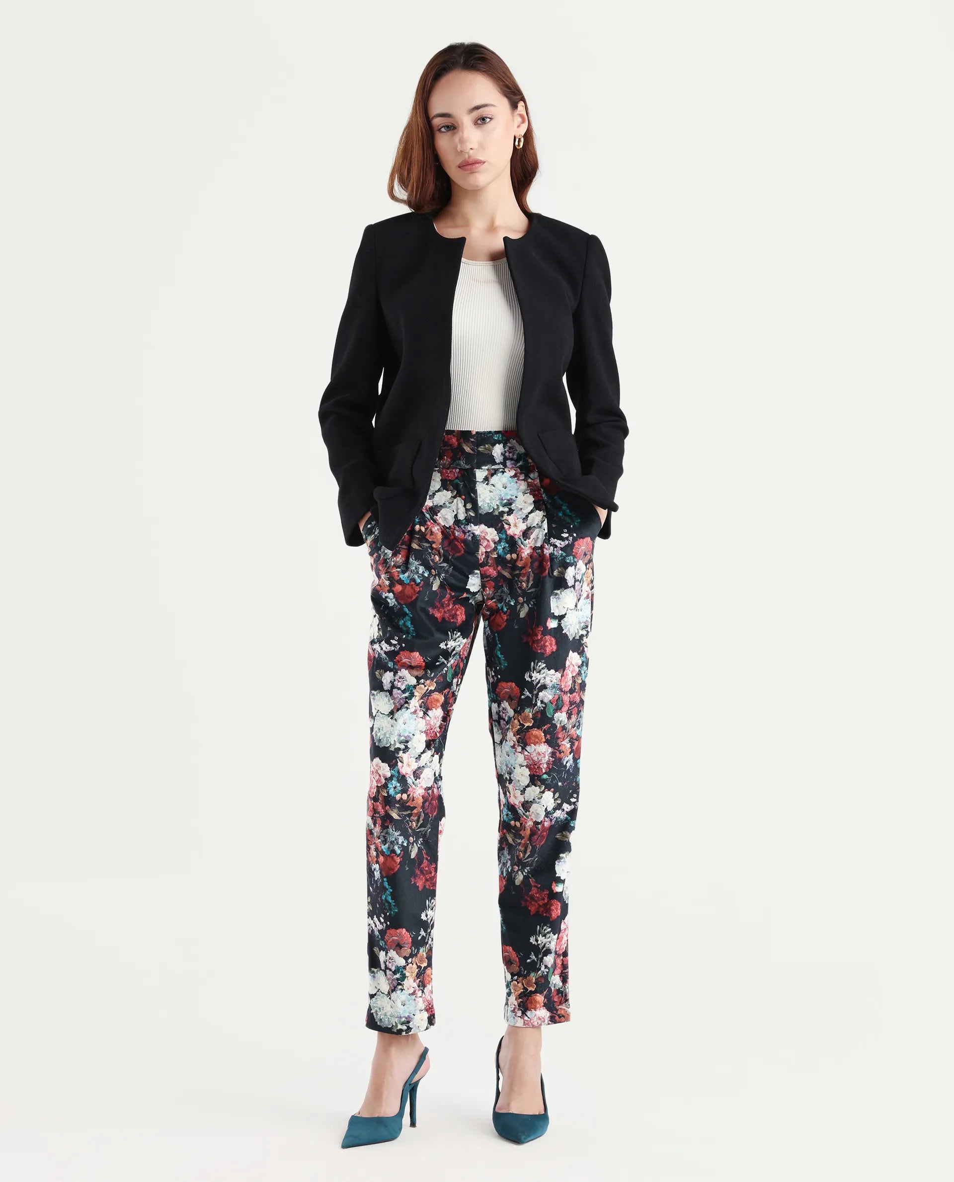 Rareism Women's Bellot Black Velvet Floral Print Ankle Length Slim Fit Trouser