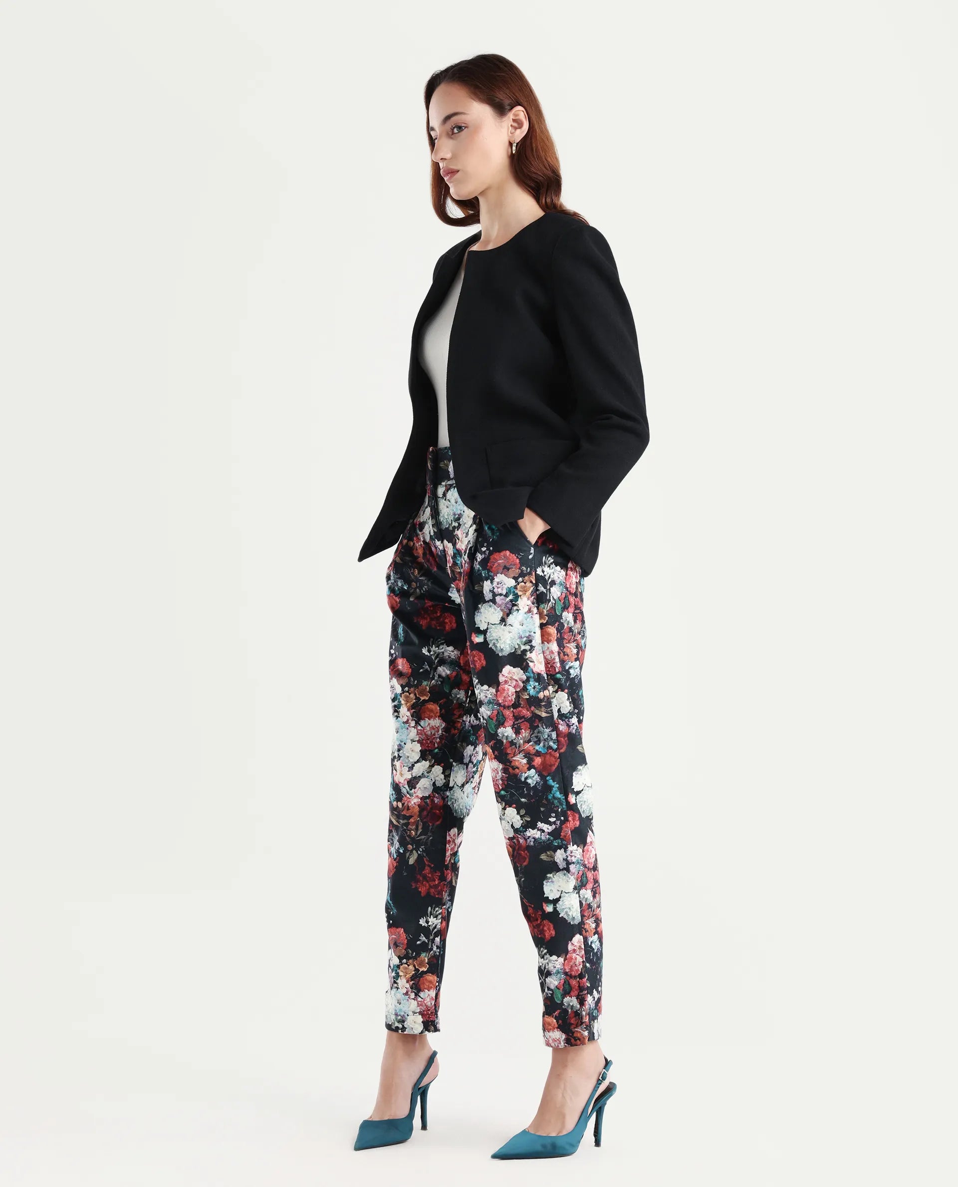 Rareism Women's Bellot Black Velvet Floral Print Ankle Length Slim Fit Trouser