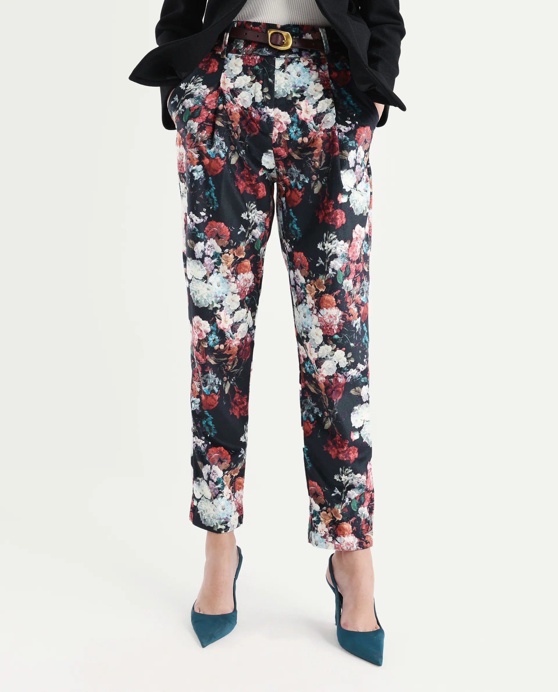 Rareism Women's Bellot Black Velvet Floral Print Ankle Length Slim Fit Trouser