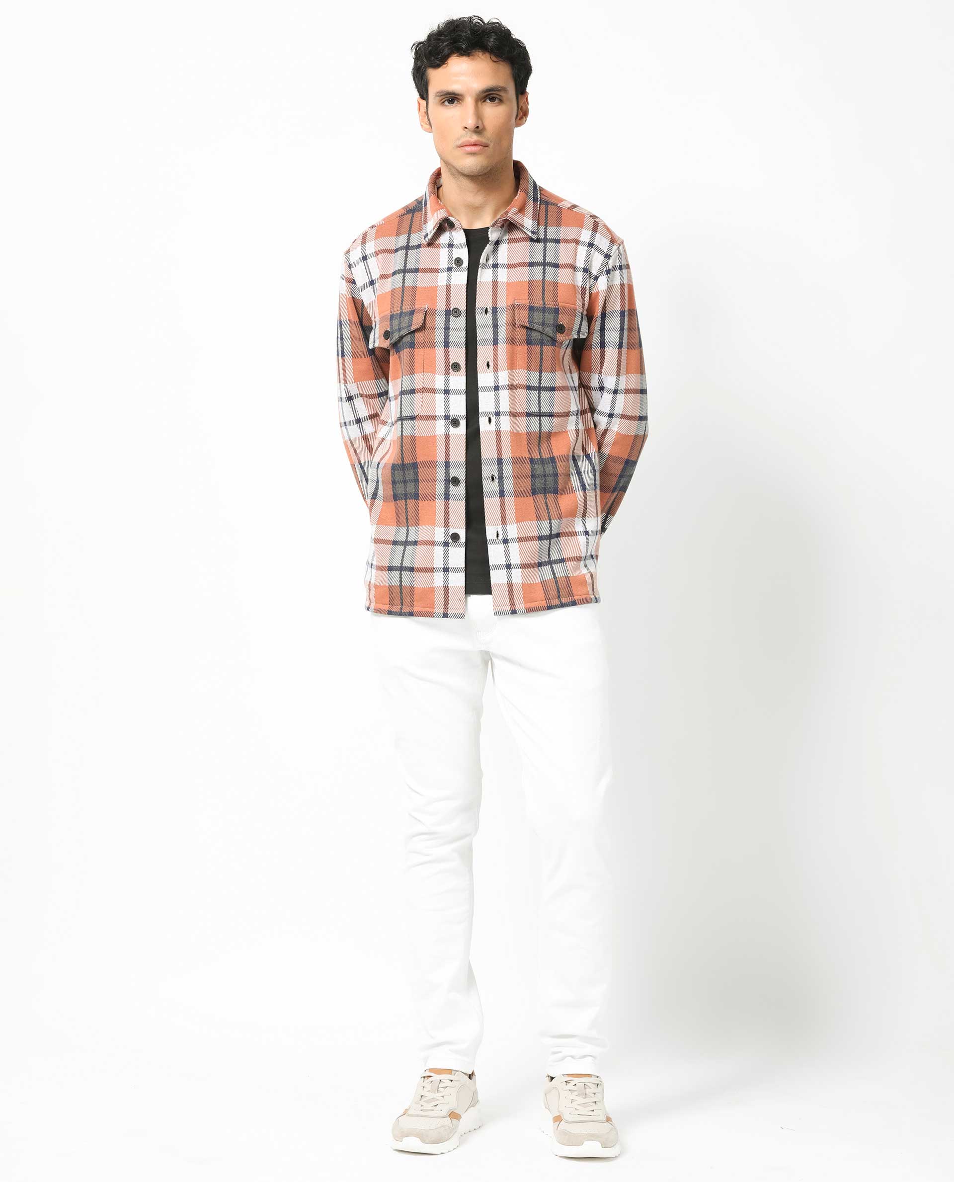 Rare Rabbit Men's Bello Rust Cotton Fabric Full Sleeves Button Closure Checks Shacket