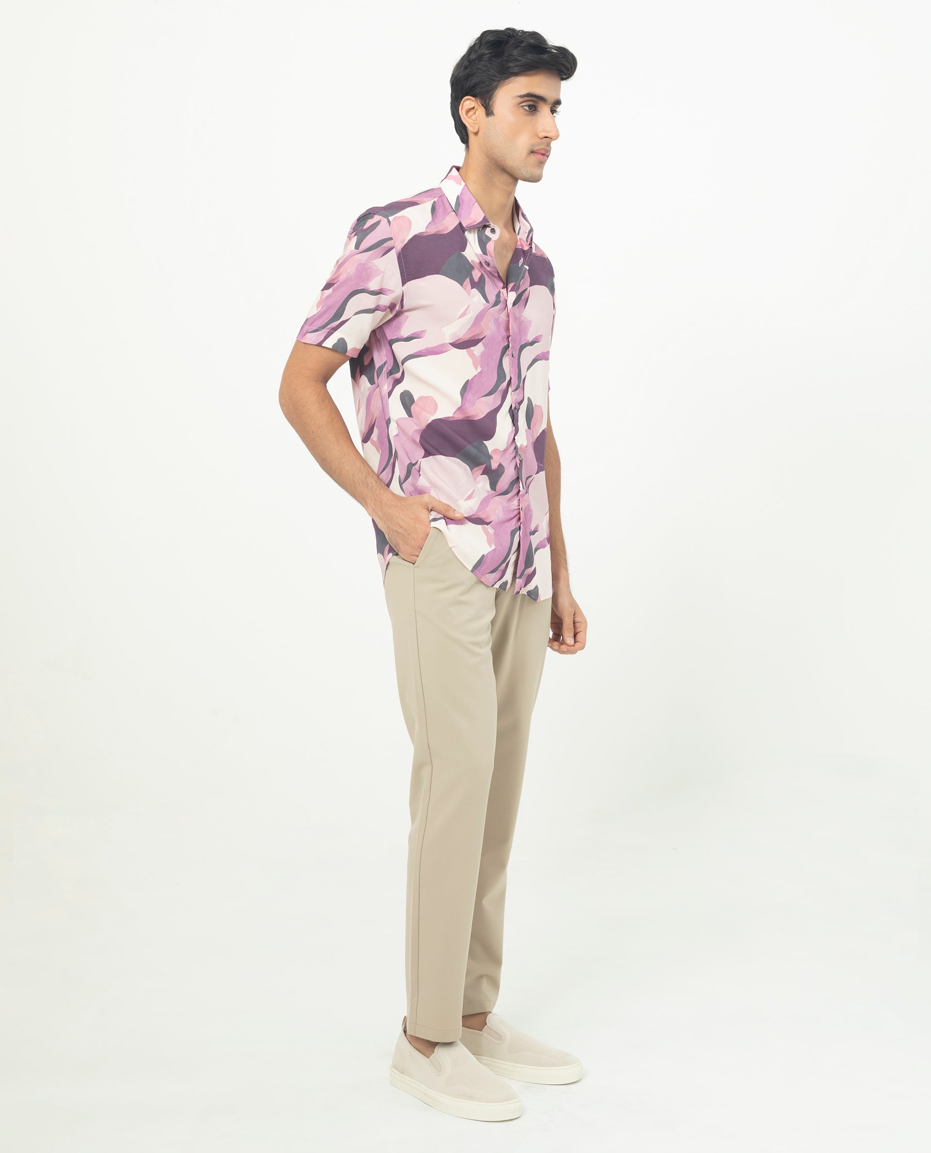 Rare Rabbit Men's Belmont Purple Viscose Fabric Abstract Print Half Sleeves Shirt