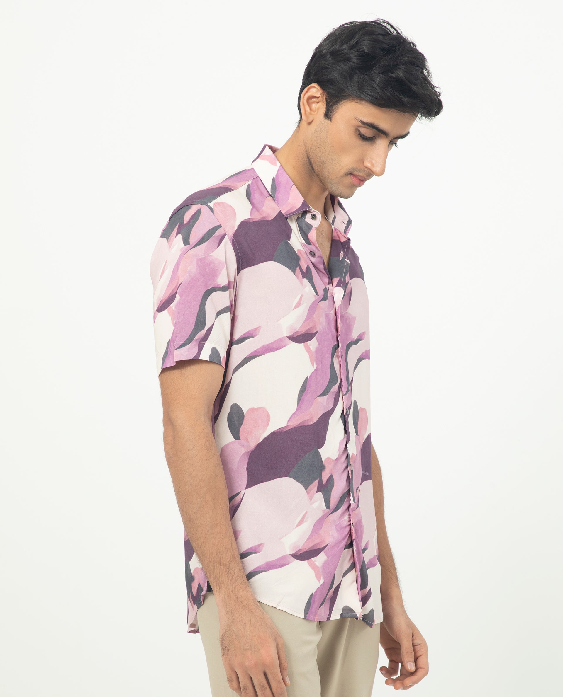 Rare Rabbit Men's Belmont Purple Viscose Fabric Abstract Print Half Sleeves Shirt