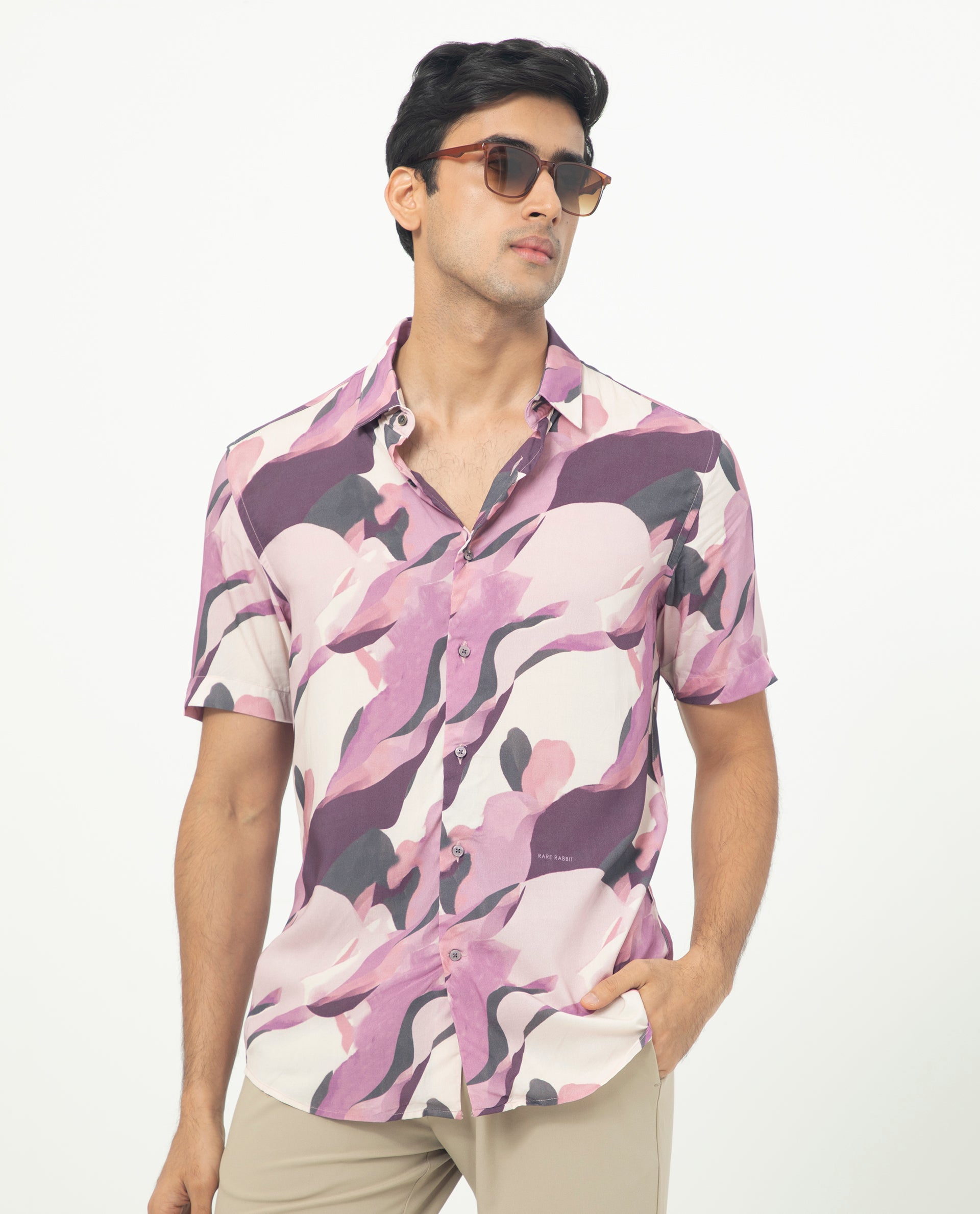 Rare Rabbit Men's Belmont Purple Viscose Fabric Abstract Print Half Sleeves Shirt
