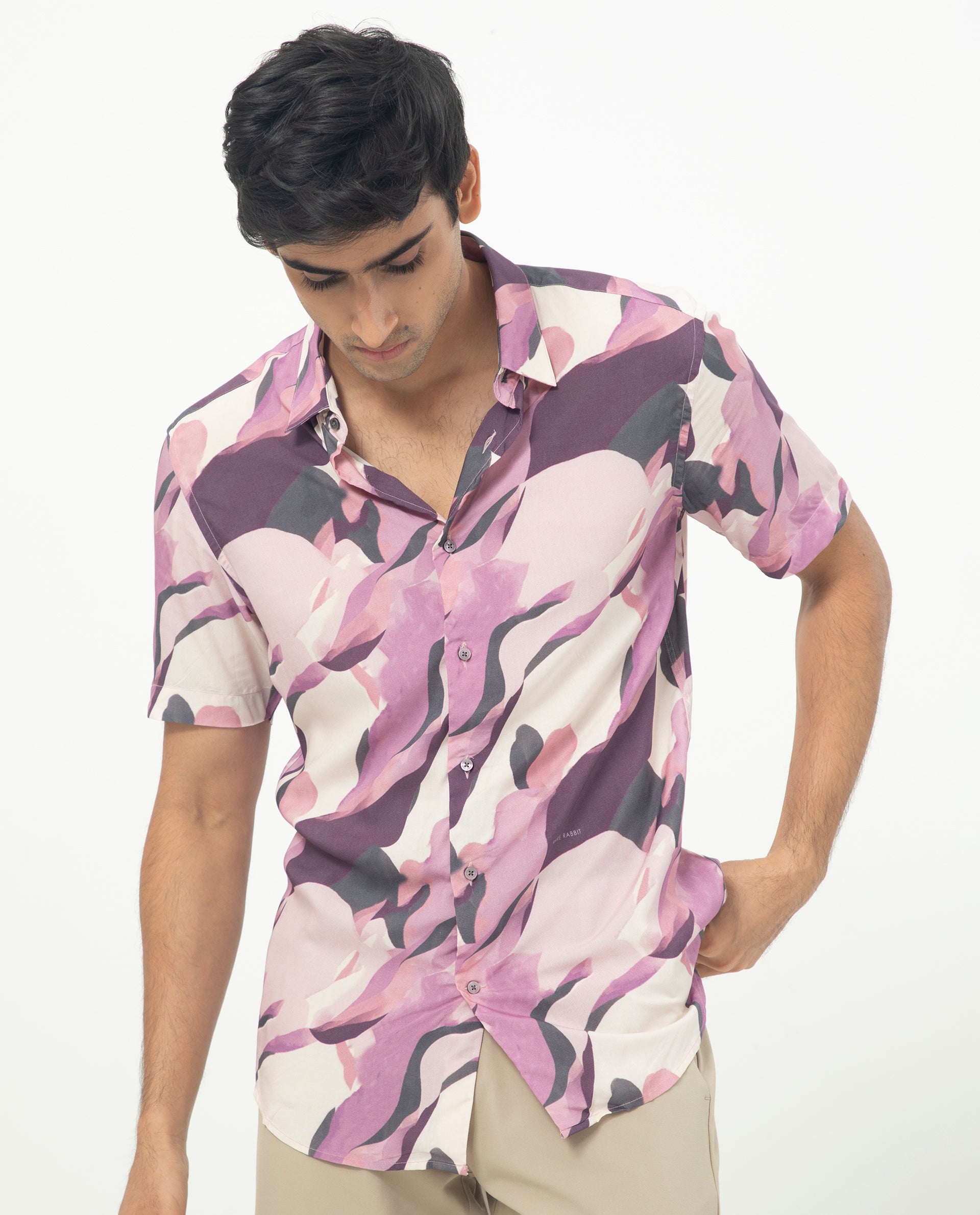 Rare Rabbit Men's Belmont Purple Viscose Fabric Abstract Print Half Sleeves Shirt
